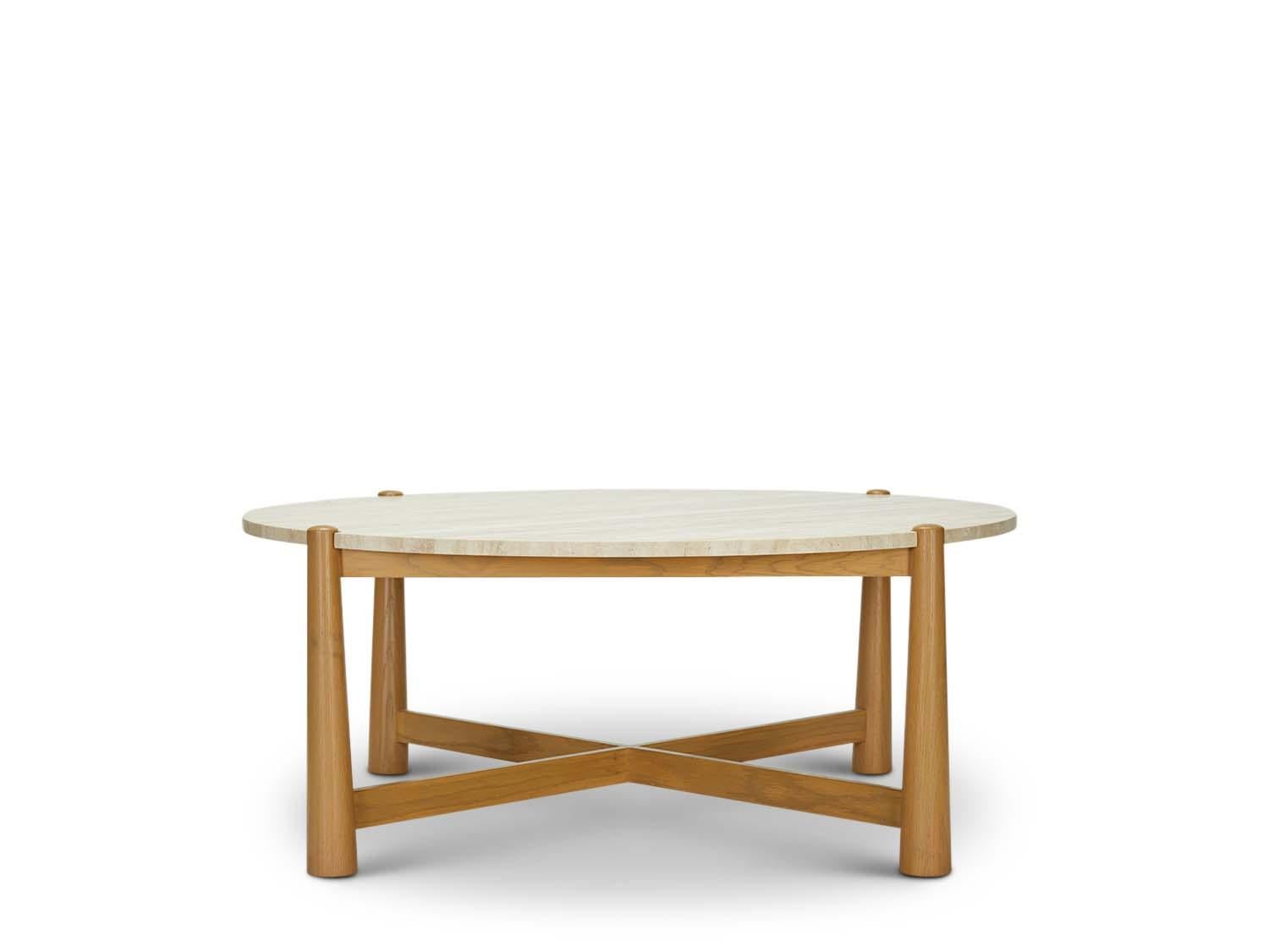 American Travertine and Oak Round Bronson Coffee Table by Lawson-Fenning