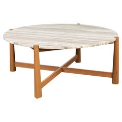 Travertine and Oak Round Bronson Coffee Table by Lawson-Fenning