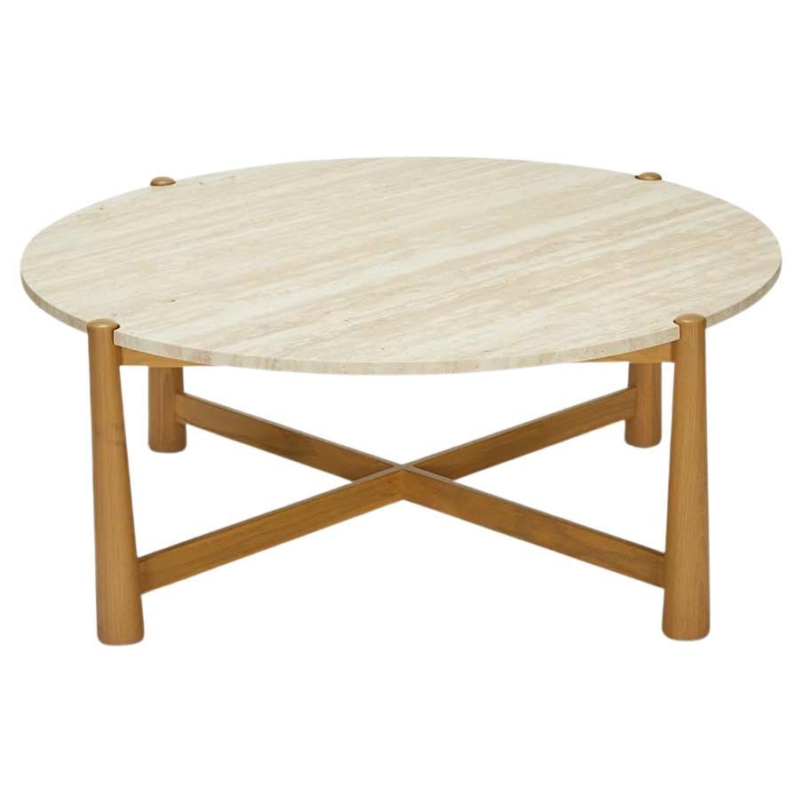 Travertine and Oak Round Bronson Coffee Table by Lawson-Fenning