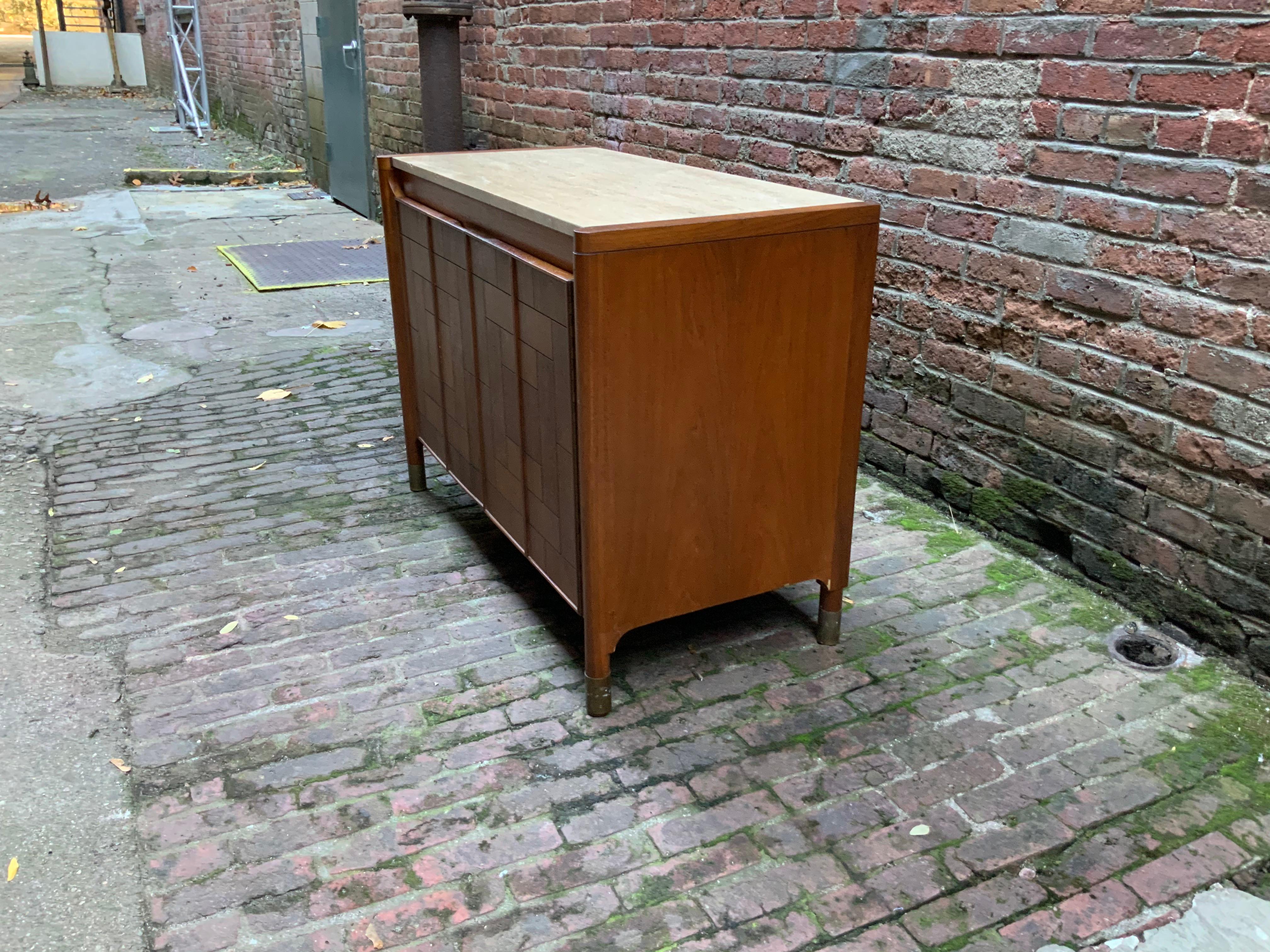 Veneer Travertine and Patchwork Cabinet in the Manner of Bert England