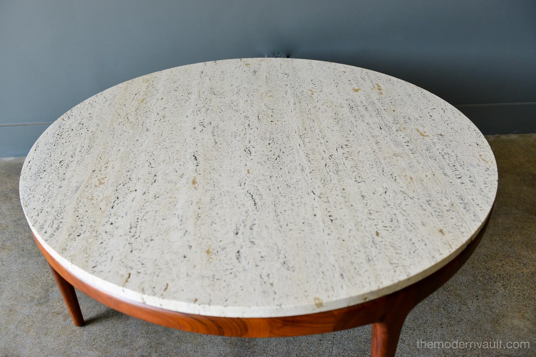 American Travertine and Sculpted Walnut Coffee Table, circa 1965