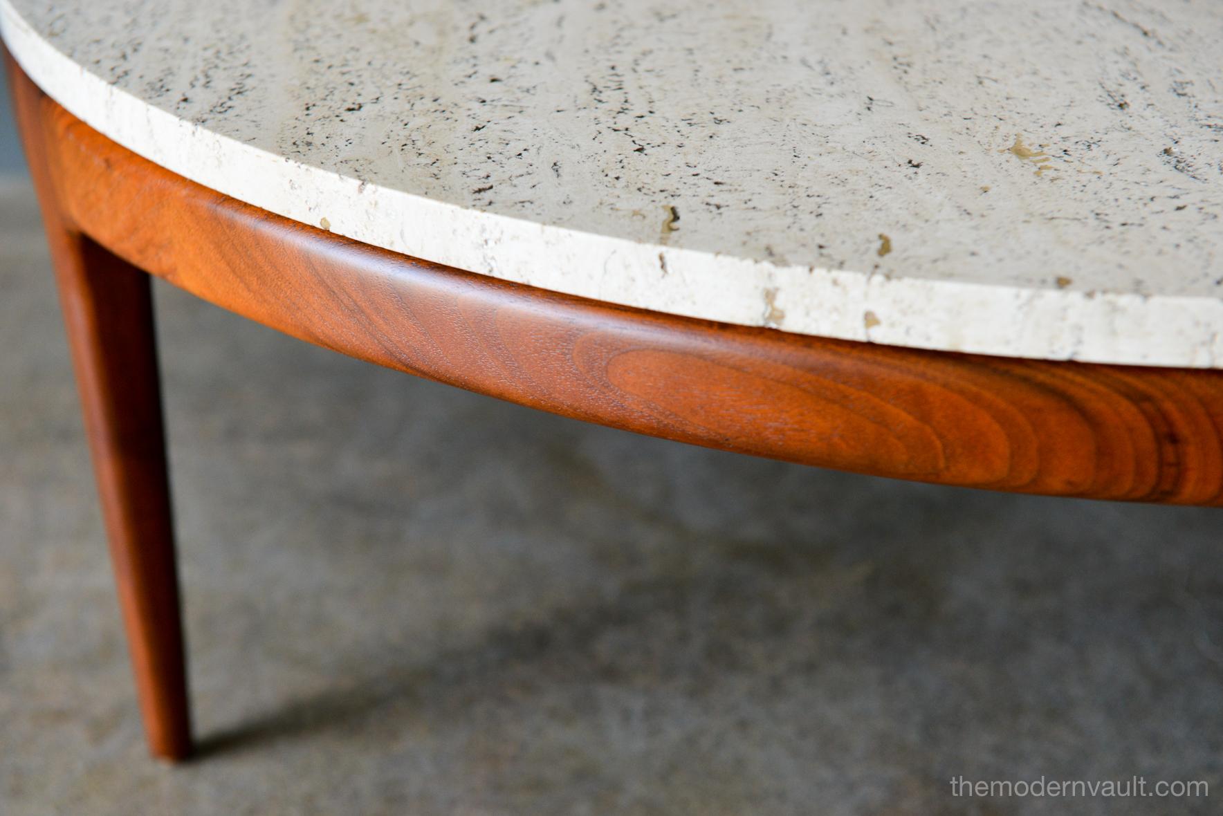 Travertine and Sculpted Walnut Coffee Table, circa 1965 In Excellent Condition In Costa Mesa, CA