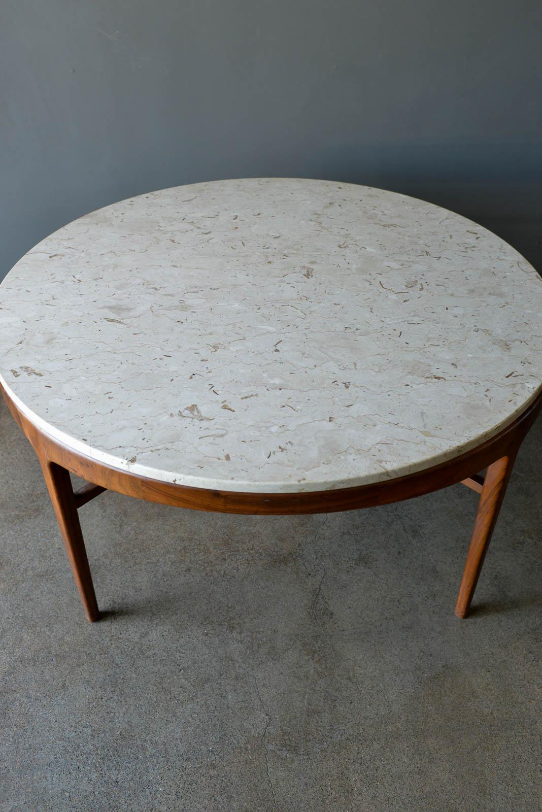 Mid-Century Modern Travertine and Sculpted Walnut Dining or Bistro Table, ca. 1965