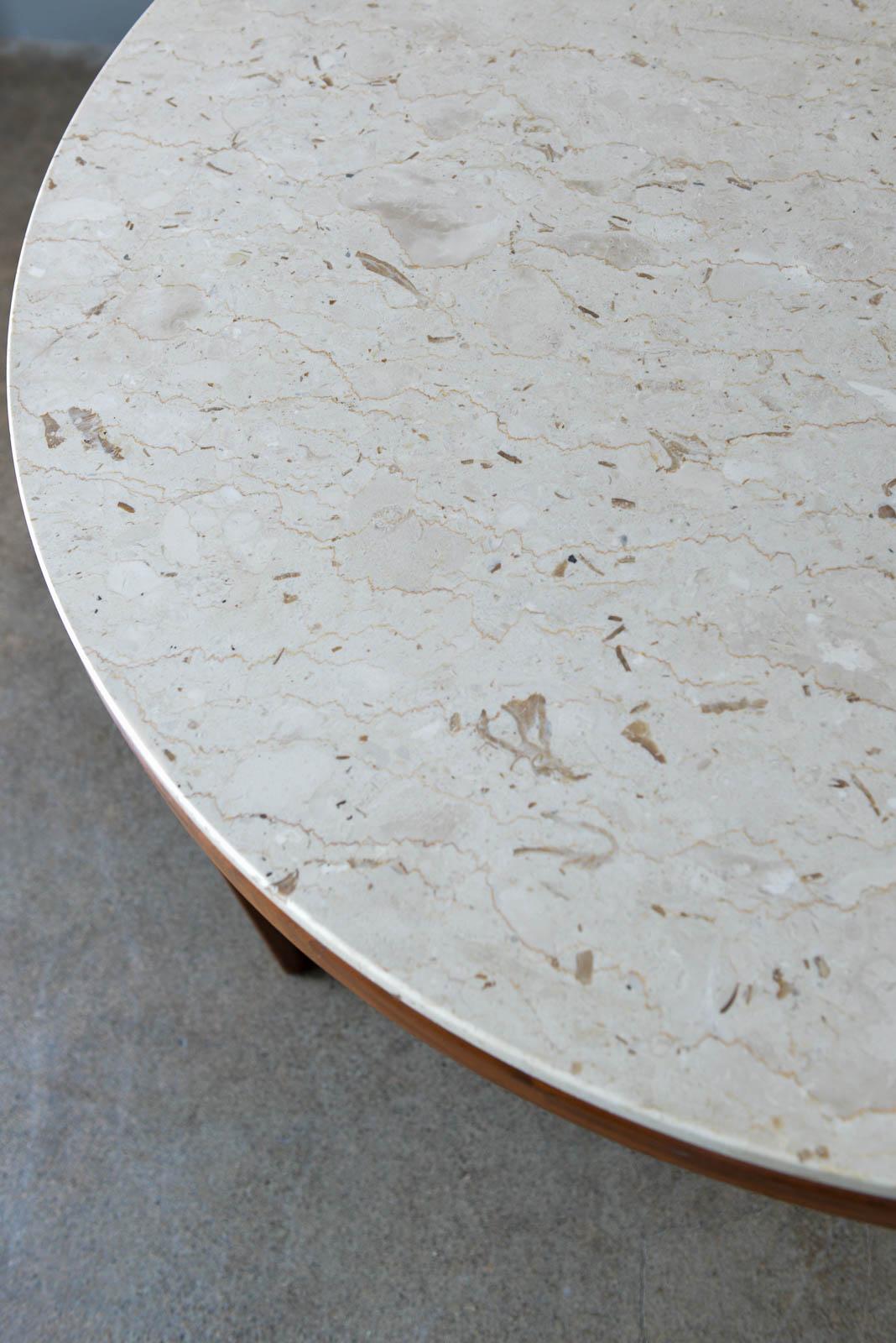 Travertine and Sculpted Walnut Dining or Bistro Table, ca. 1965 In Good Condition In Costa Mesa, CA