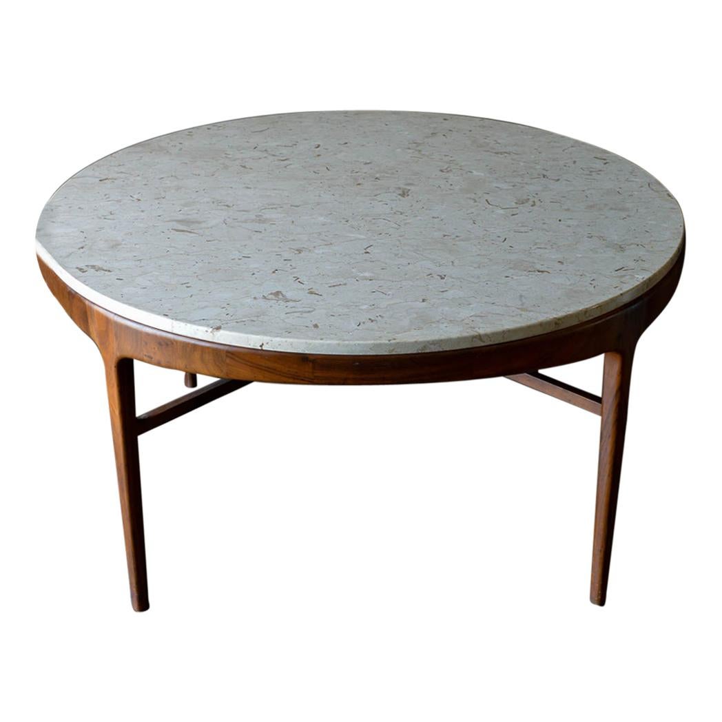 Travertine and Sculpted Walnut Dining or Bistro Table, ca. 1965