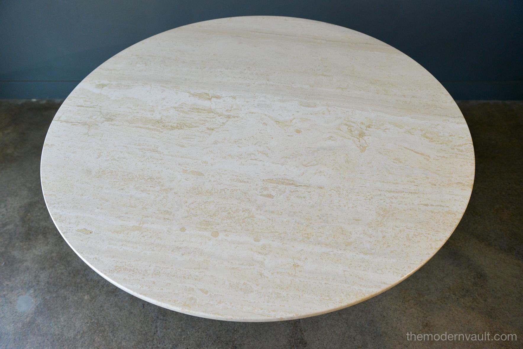 Travertine and Sculpted Walnut Dining or Bistro Table, circa 1970 In Good Condition In Costa Mesa, CA
