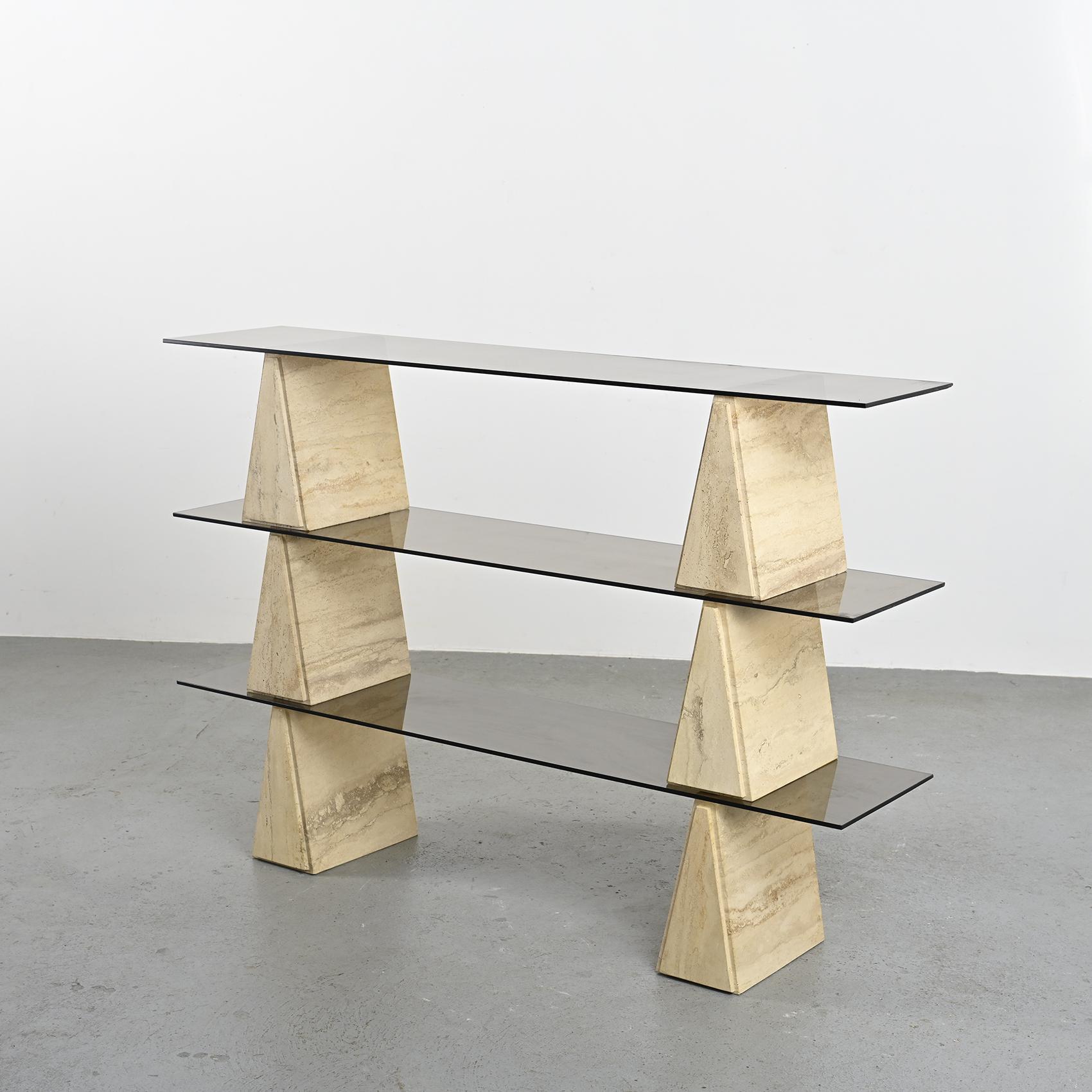 Mid-Century Modern Travertine and Smoked Glass Bookshelf, Italy, circa 1970