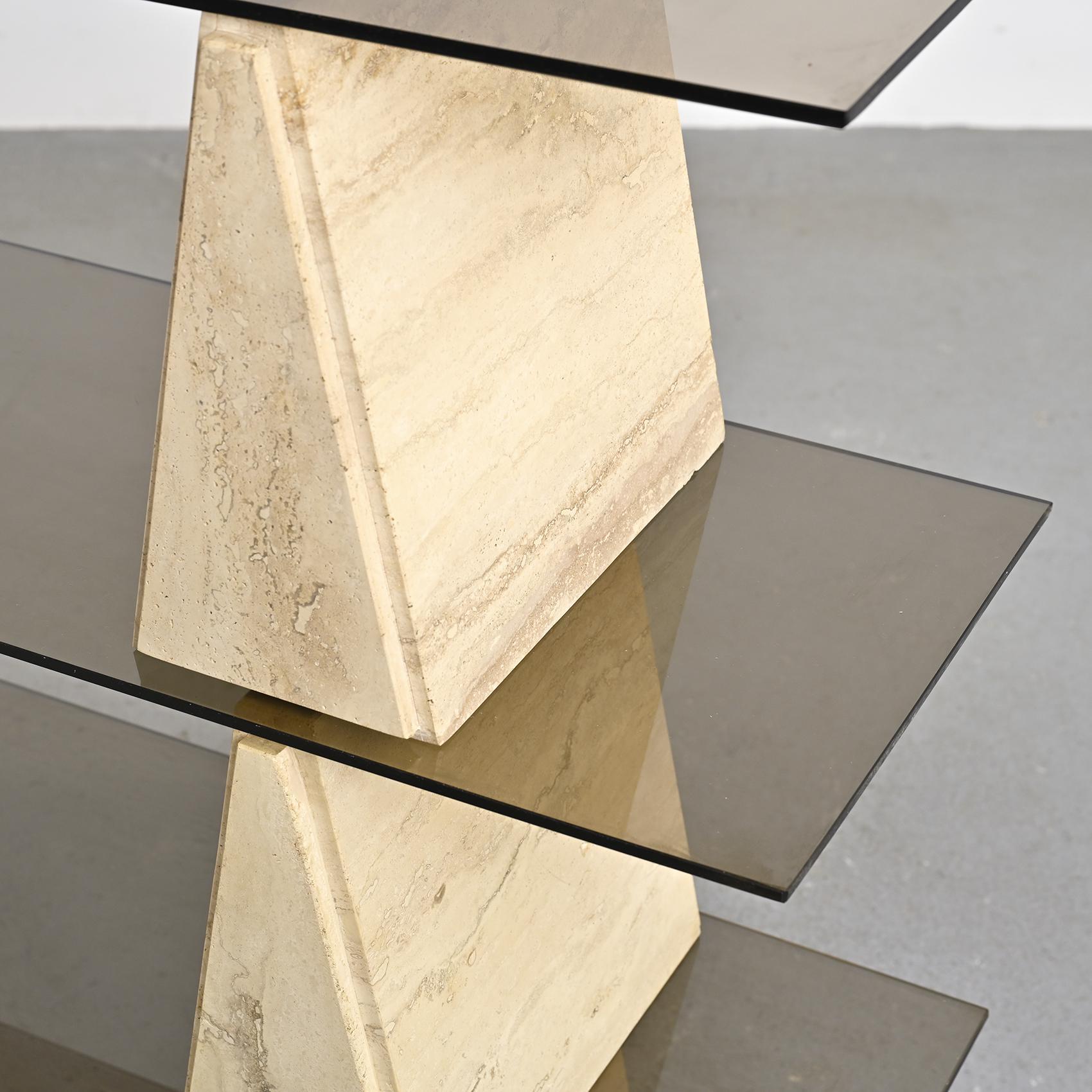 Travertine and Smoked Glass Bookshelf, Italy, circa 1970 In Good Condition In VILLEURBANNE, FR