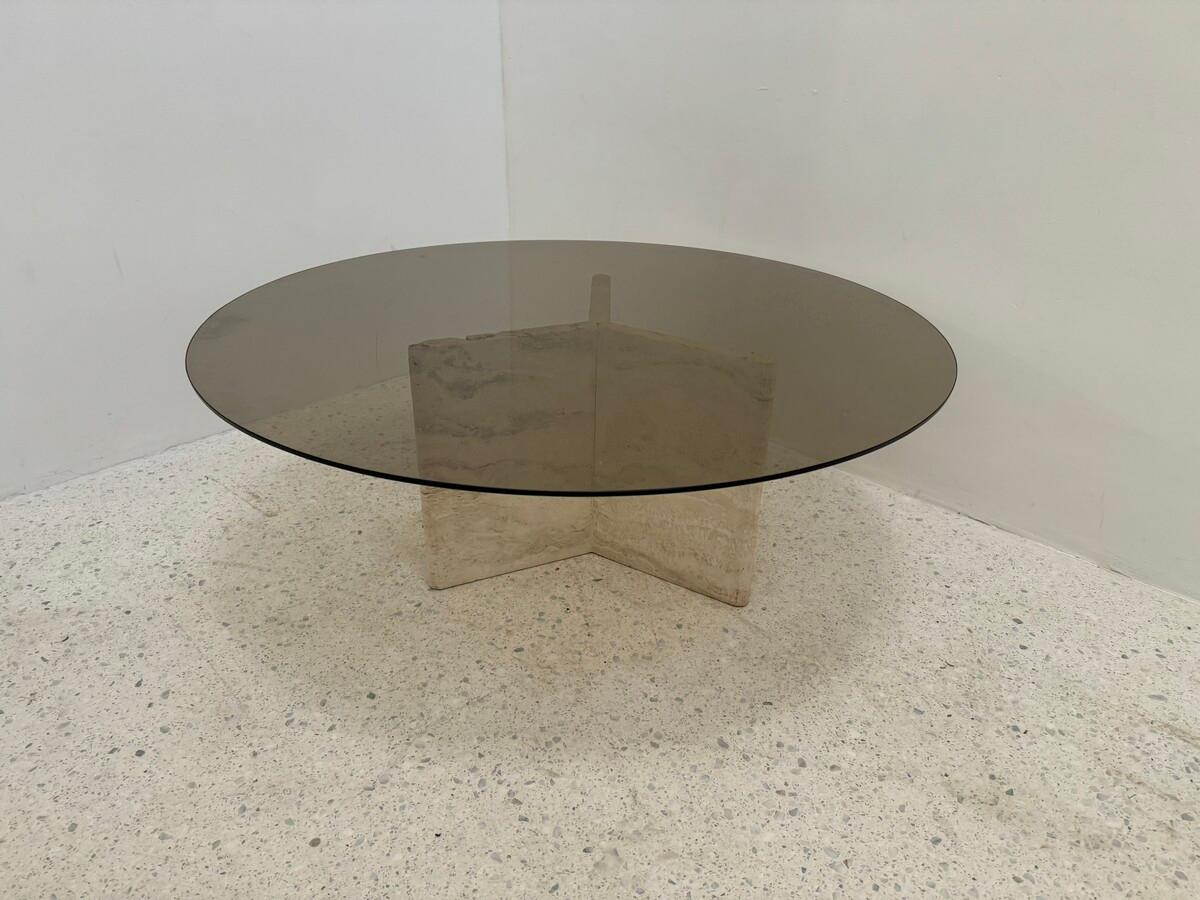 Travertine and Smoked Glass side Table For Sale 1