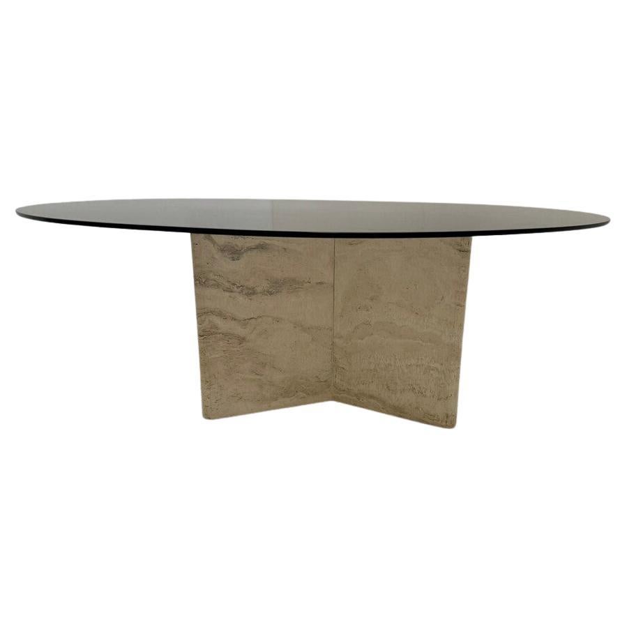Travertine and Smoked Glass side Table For Sale