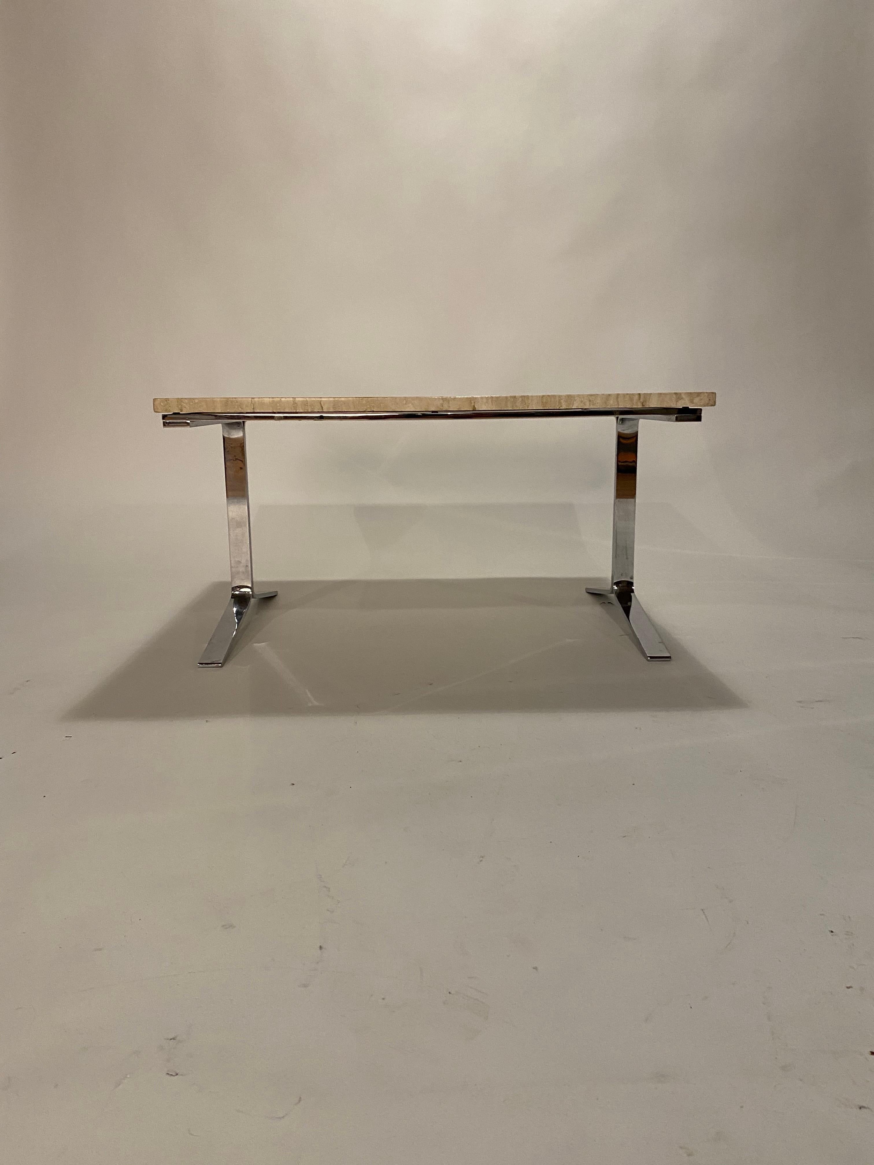 Mid-Century Modern Travertine and Steel Cocktail Table For Sale