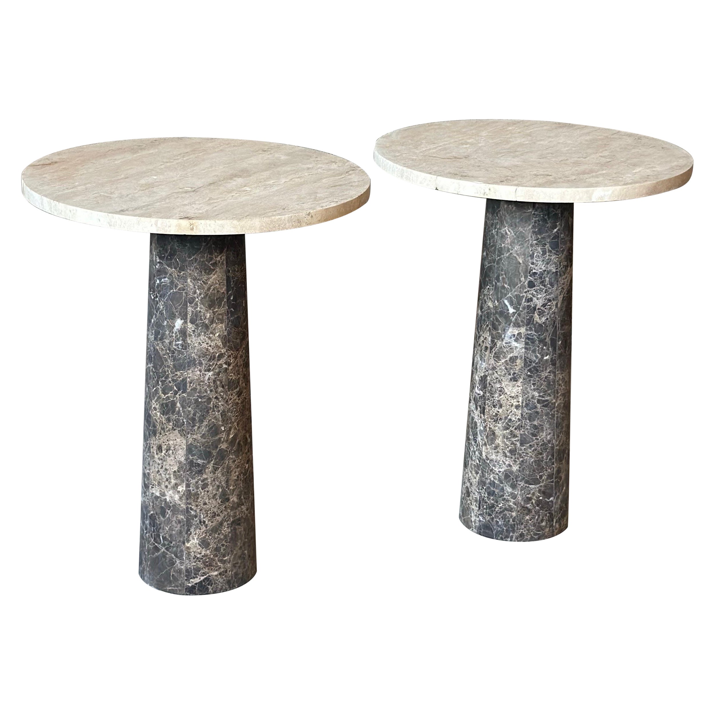 Travertine and Tessellated Marble Accent Tables - a Pair