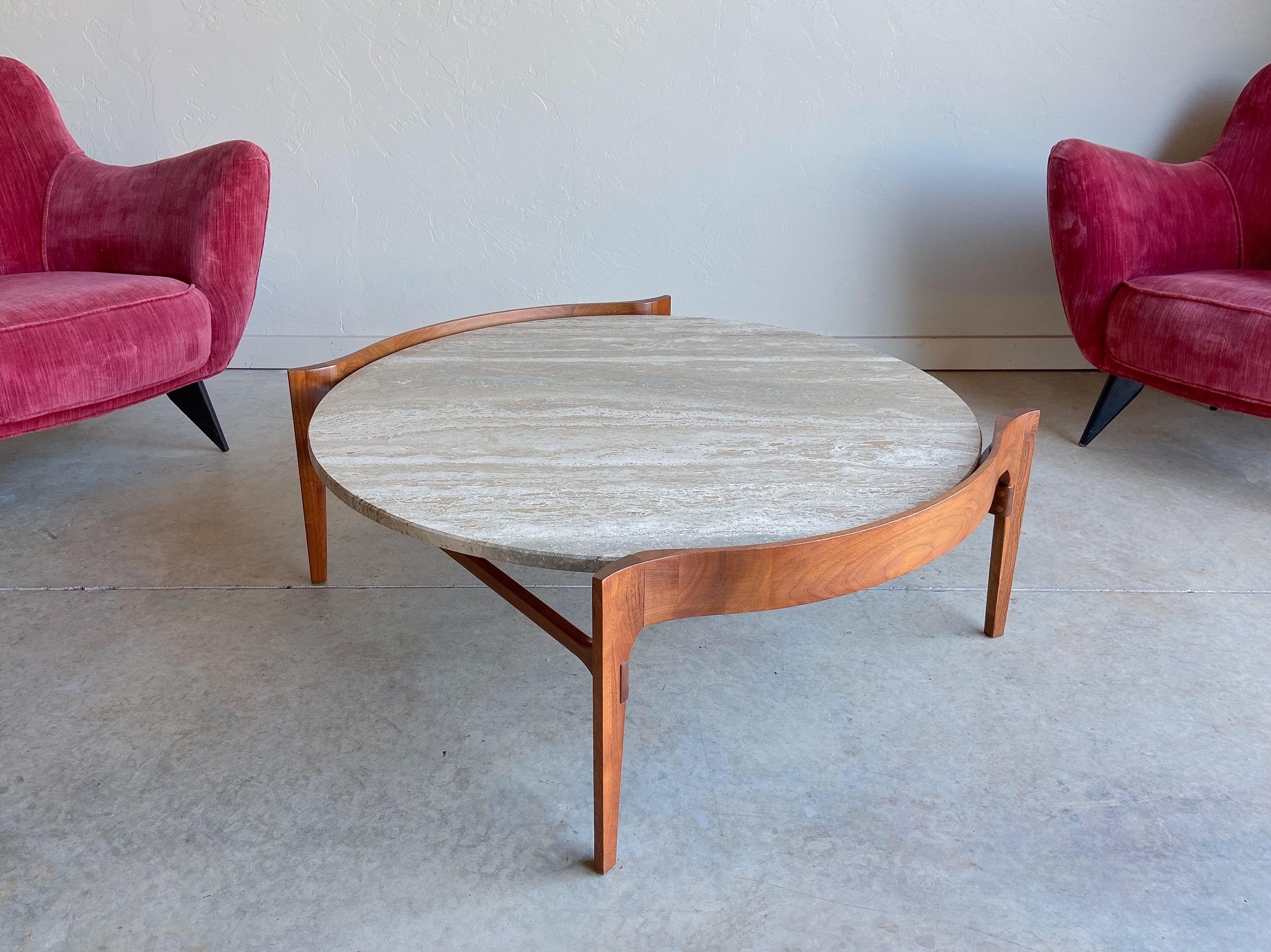 Mid-Century Modern Bertha Schaefer Attributed Travertine and Walnut Coffee Table, 1960's