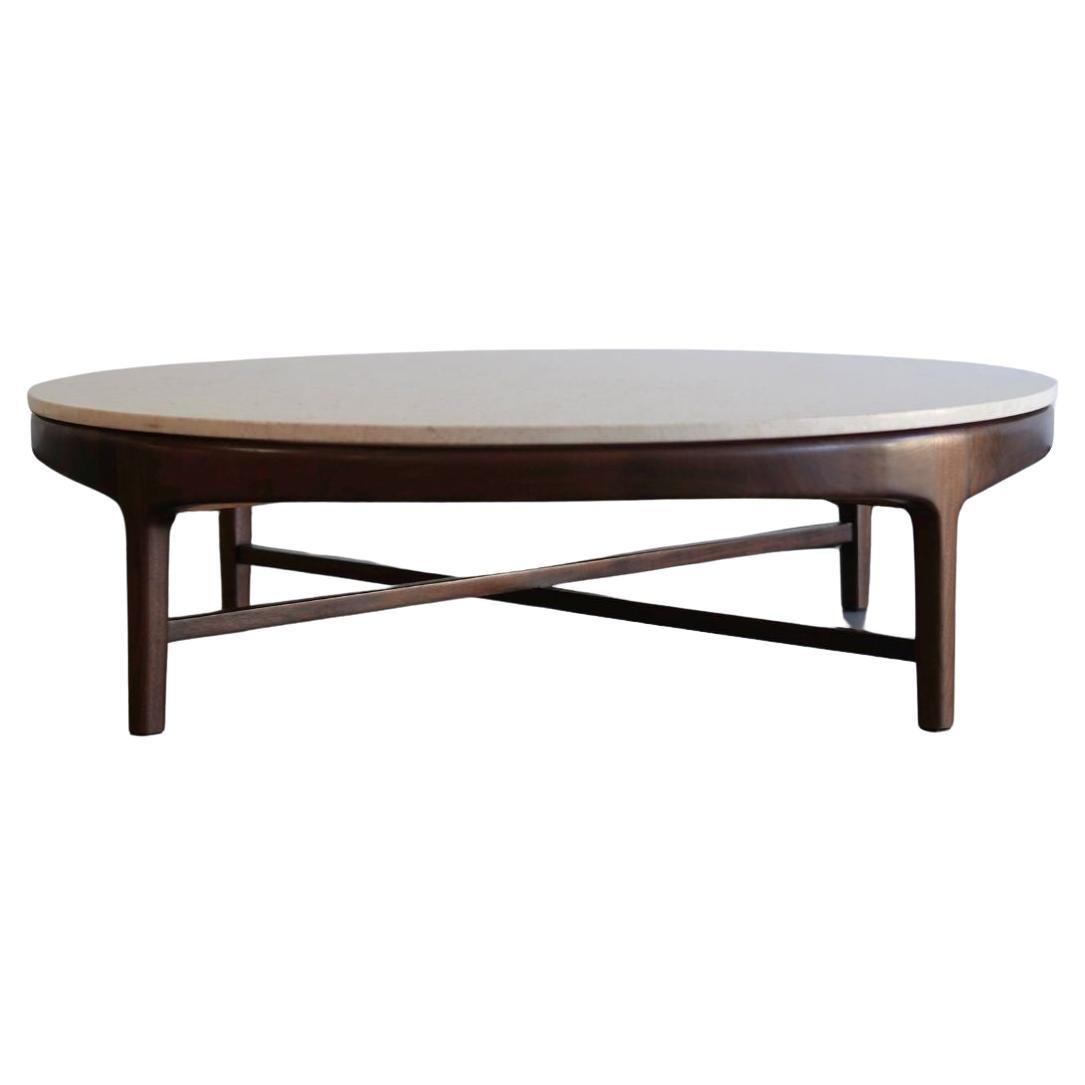 Couchtisch aus Travertin und Nussbaumholz von Erwin Lambeth, ca. 1950er Jahre im Angebot