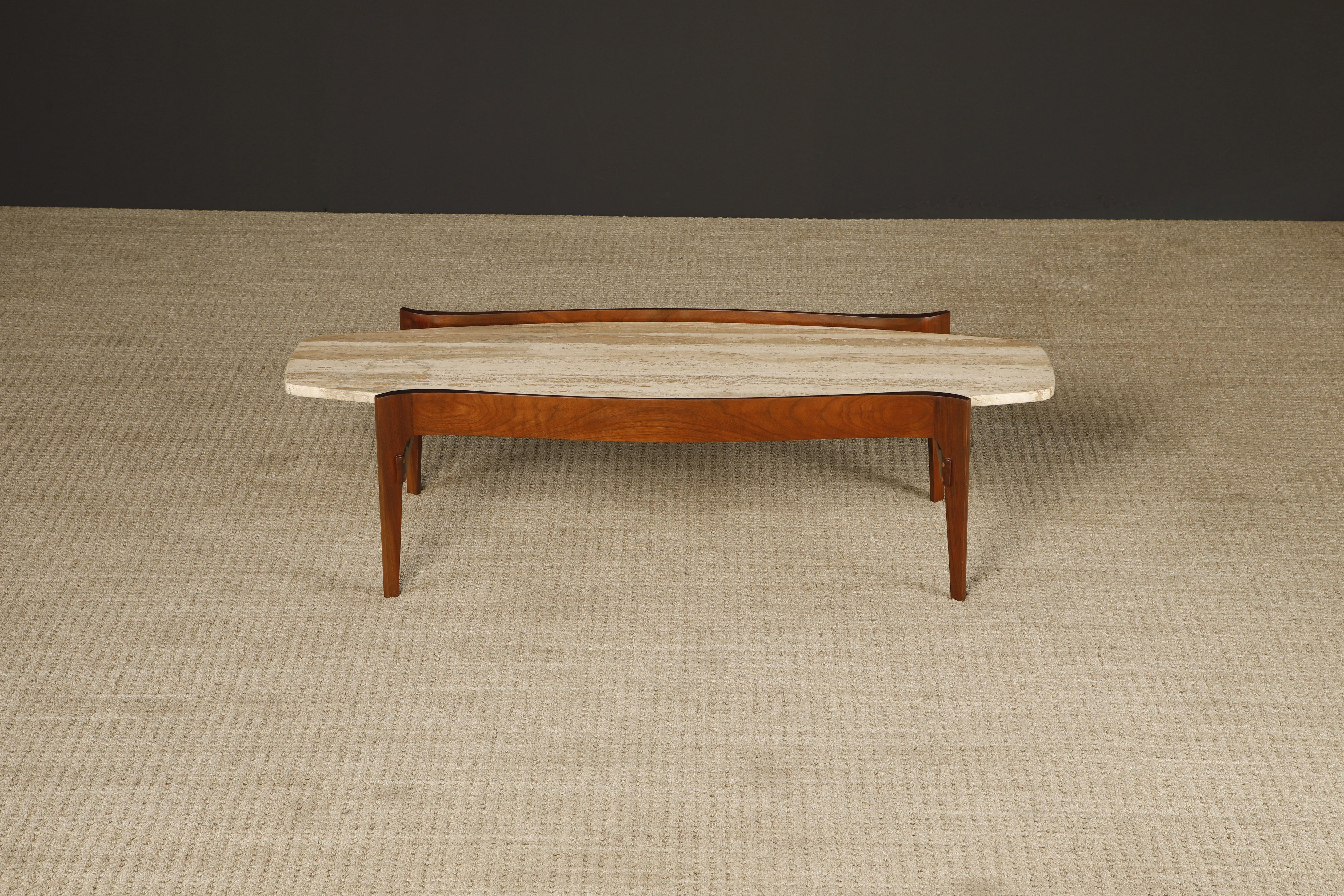 Mid-Century Modern Travertine and Walnut Coffee Table by Gordon Furniture, c 1950s, Refinished