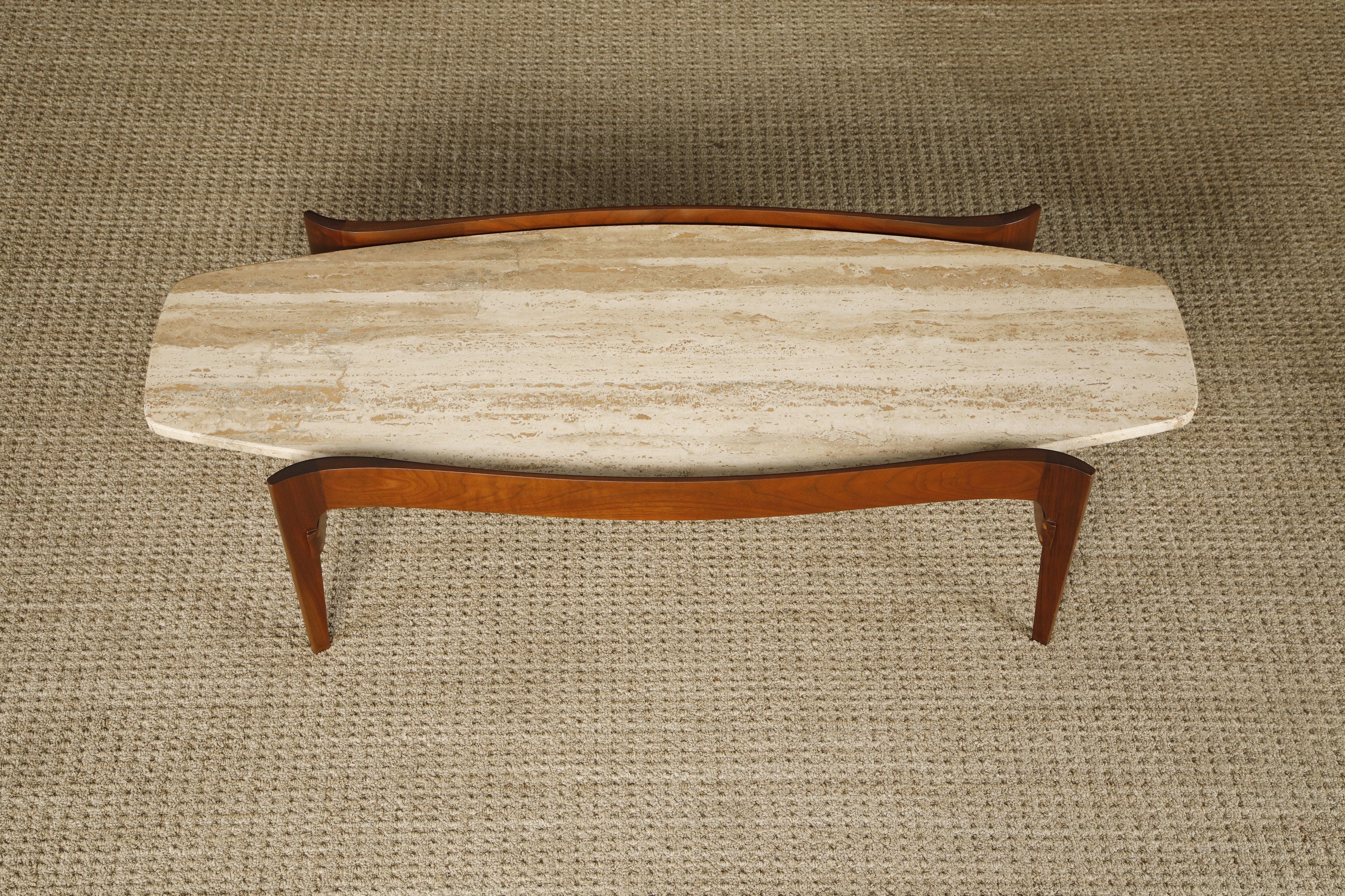 American Travertine and Walnut Coffee Table by Gordon Furniture, c 1950s, Refinished