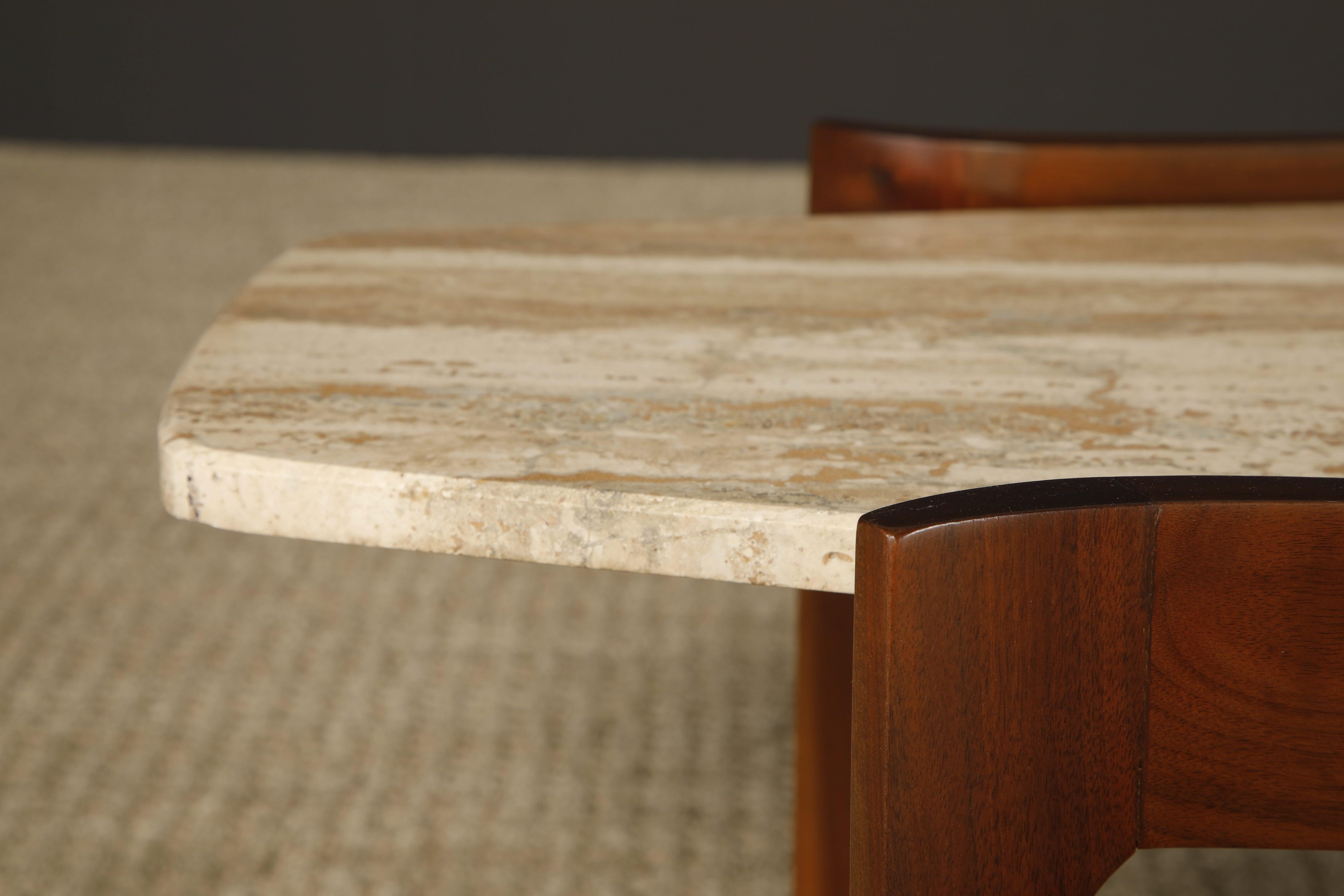 Travertine and Walnut Coffee Table by Gordon Furniture, c 1950s, Refinished In Excellent Condition In Los Angeles, CA