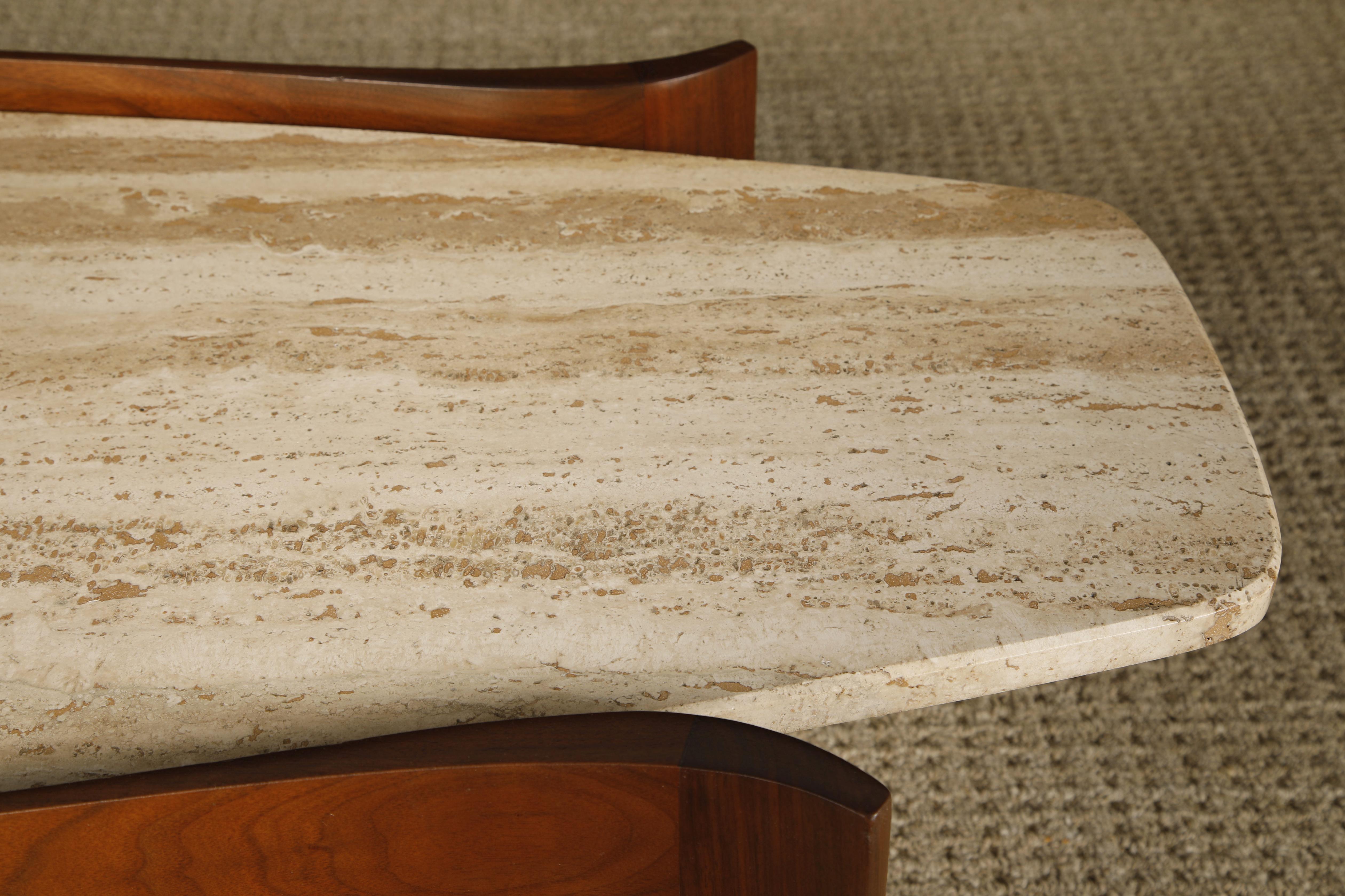 Travertine and Walnut Coffee Table by Gordon Furniture, c 1950s, Refinished 1