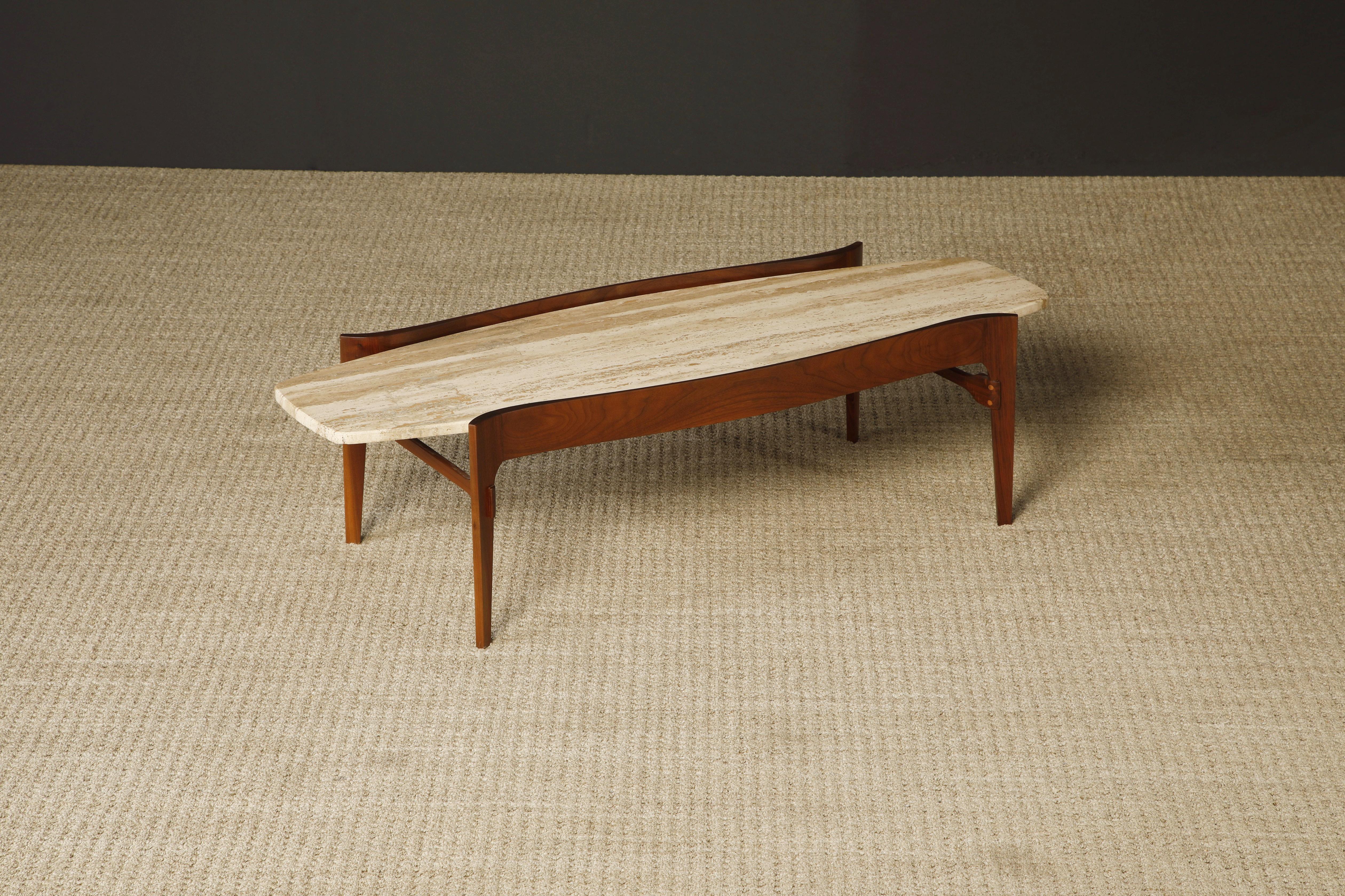 Travertine and Walnut Coffee Table by Gordon Furniture, c 1950s, Refinished 2