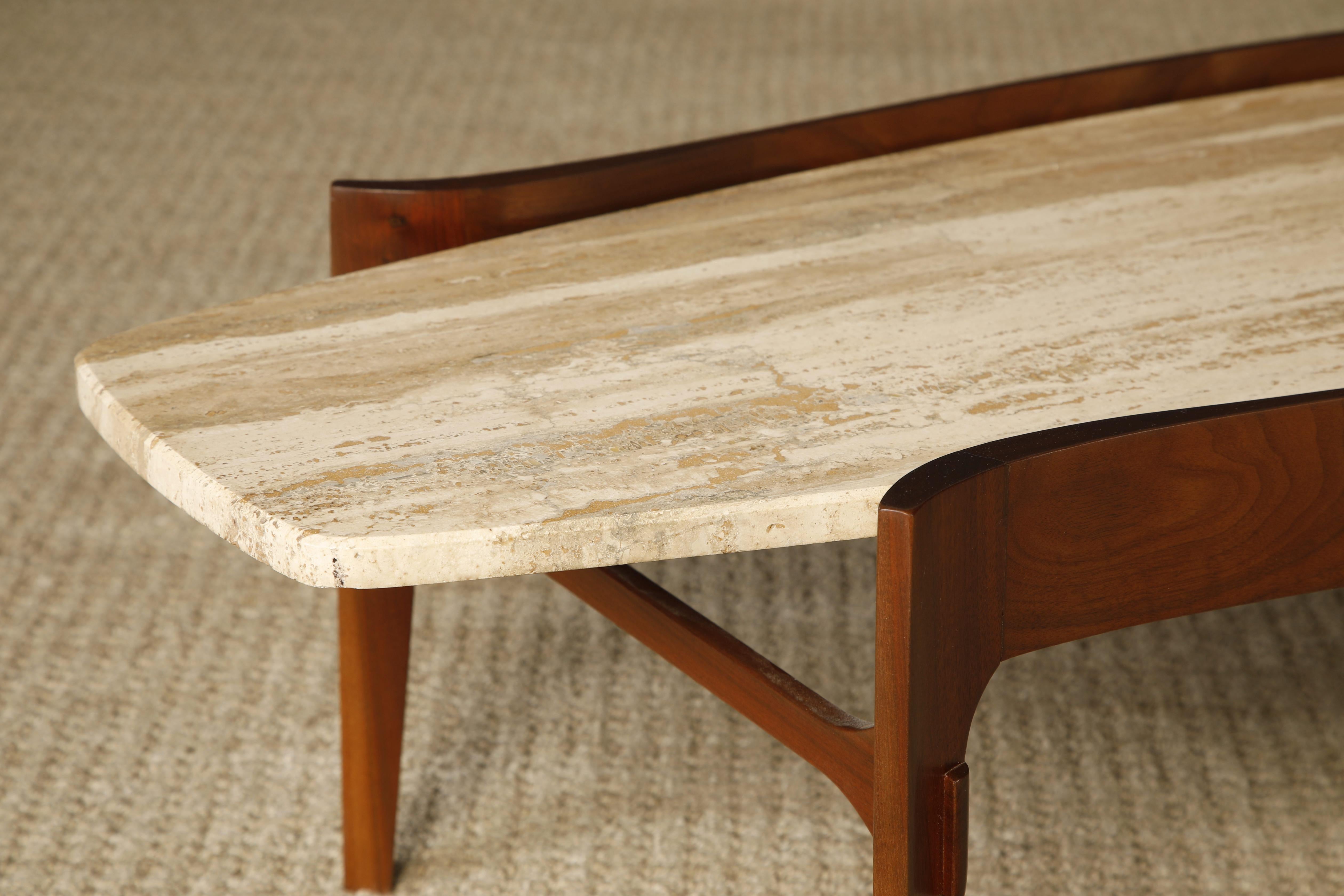 Travertine and Walnut Coffee Table by Gordon Furniture, c 1950s, Refinished 3