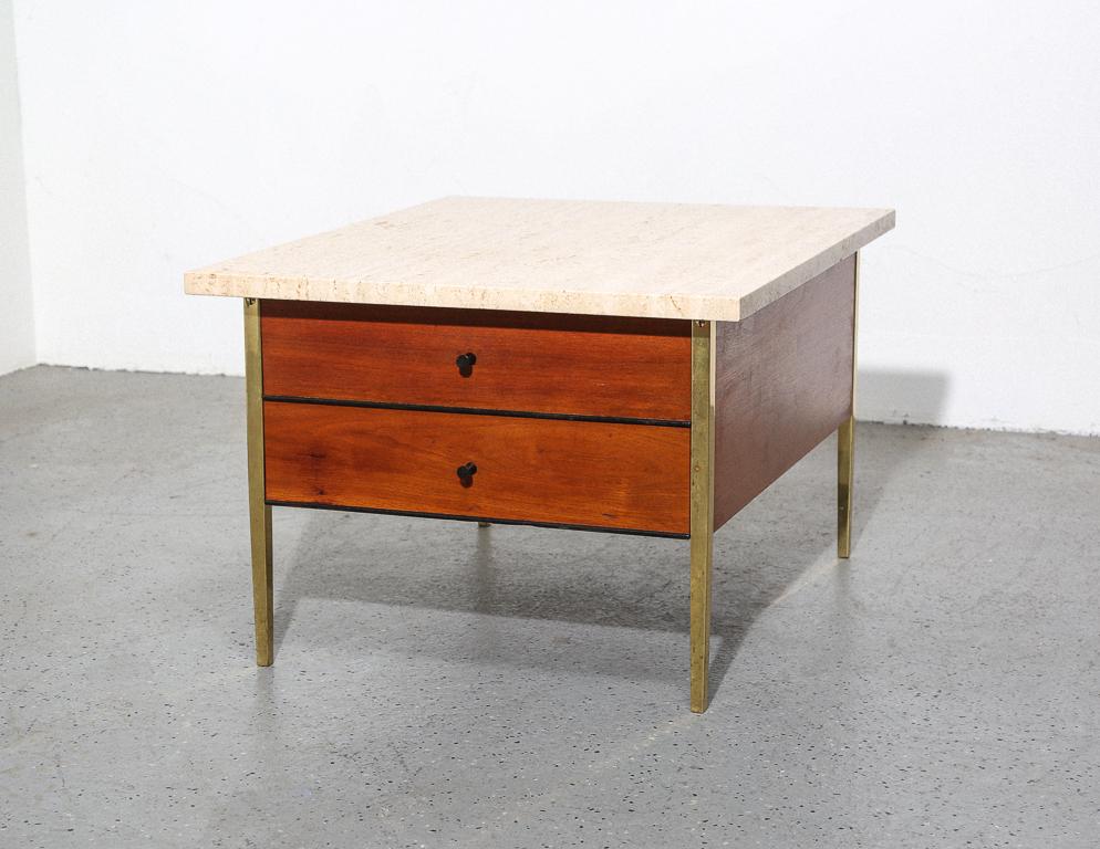 Mid-Century Modern Travertine and Walnut End Table by Milo Baughman