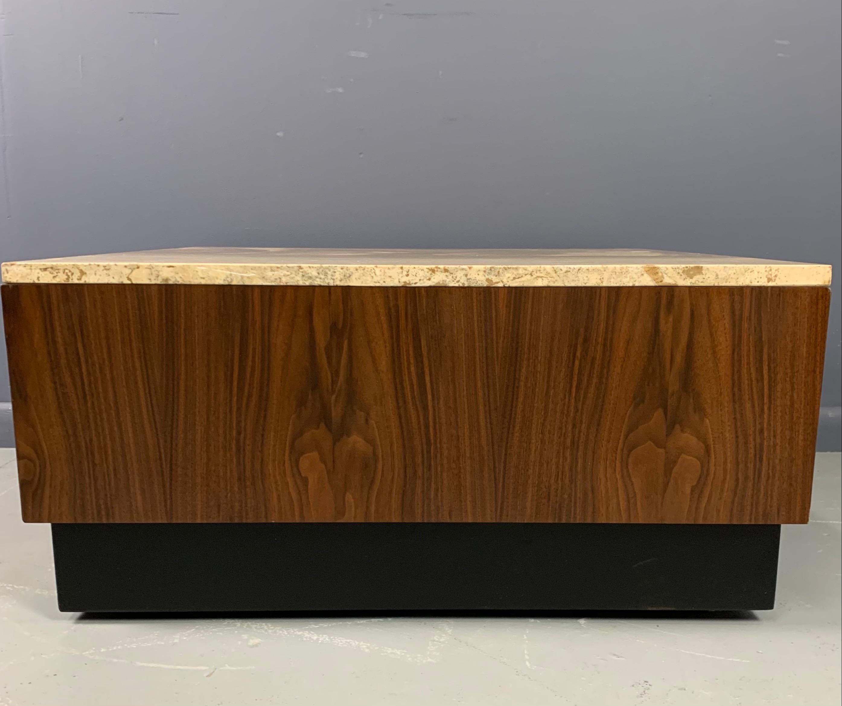 Mid-Century Modern Travertine and Walnut Midcentury Coffee Table on a Black Plinth Base For Sale