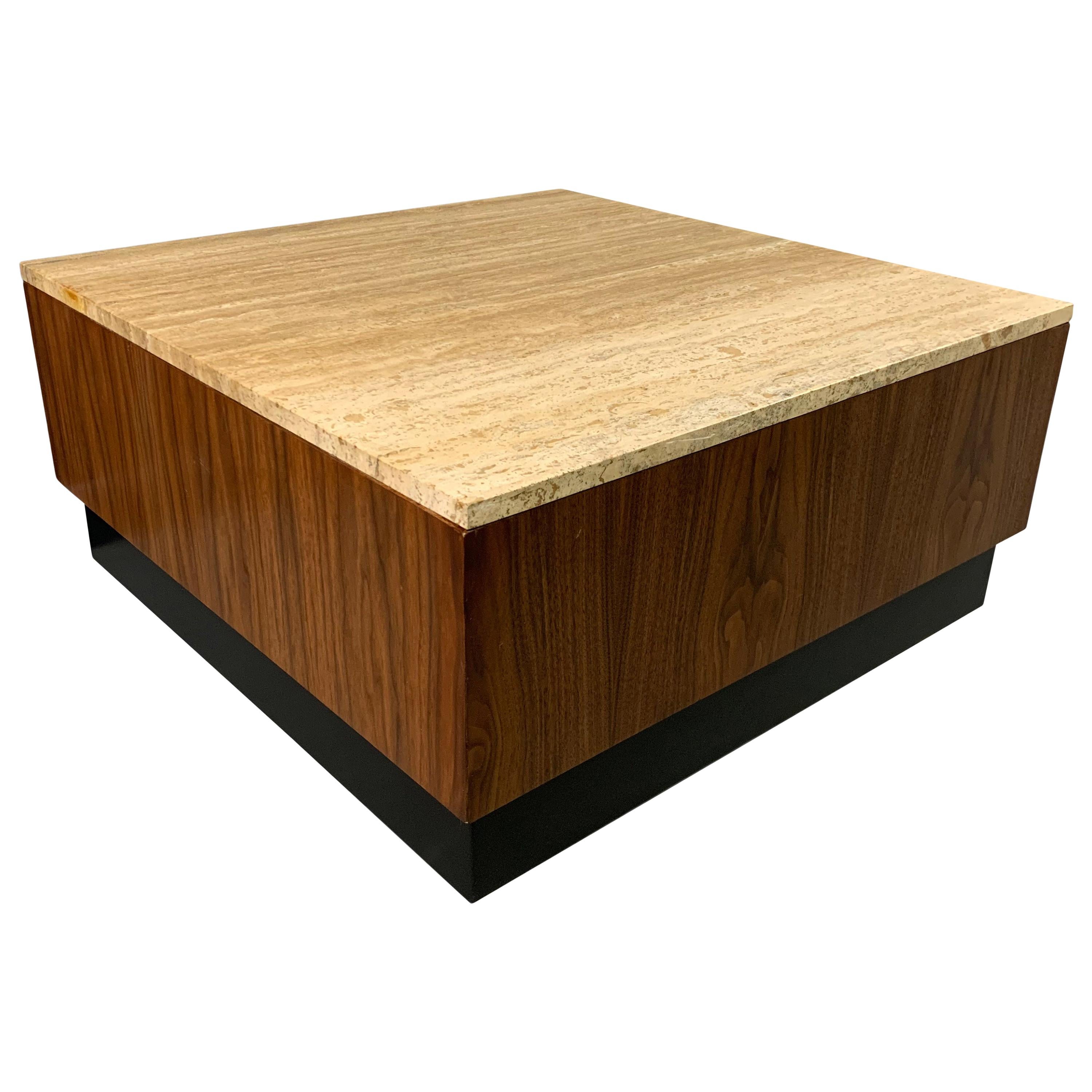 Travertine and Walnut Midcentury Coffee Table on a Black Plinth Base For Sale