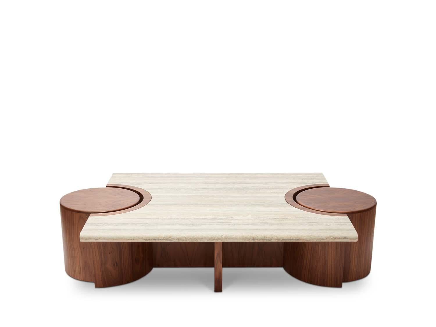 Der Prospect Couchtisch hat eine Steinplatte, die auf einem Sockel aus amerikanischem Nussbaum oder Weißeiche ruht, mit zwei Aussparungen für Trommeltische an beiden Enden. 

Die Lawson-Fenning Collection'S wird in Los Angeles, Kalifornien,