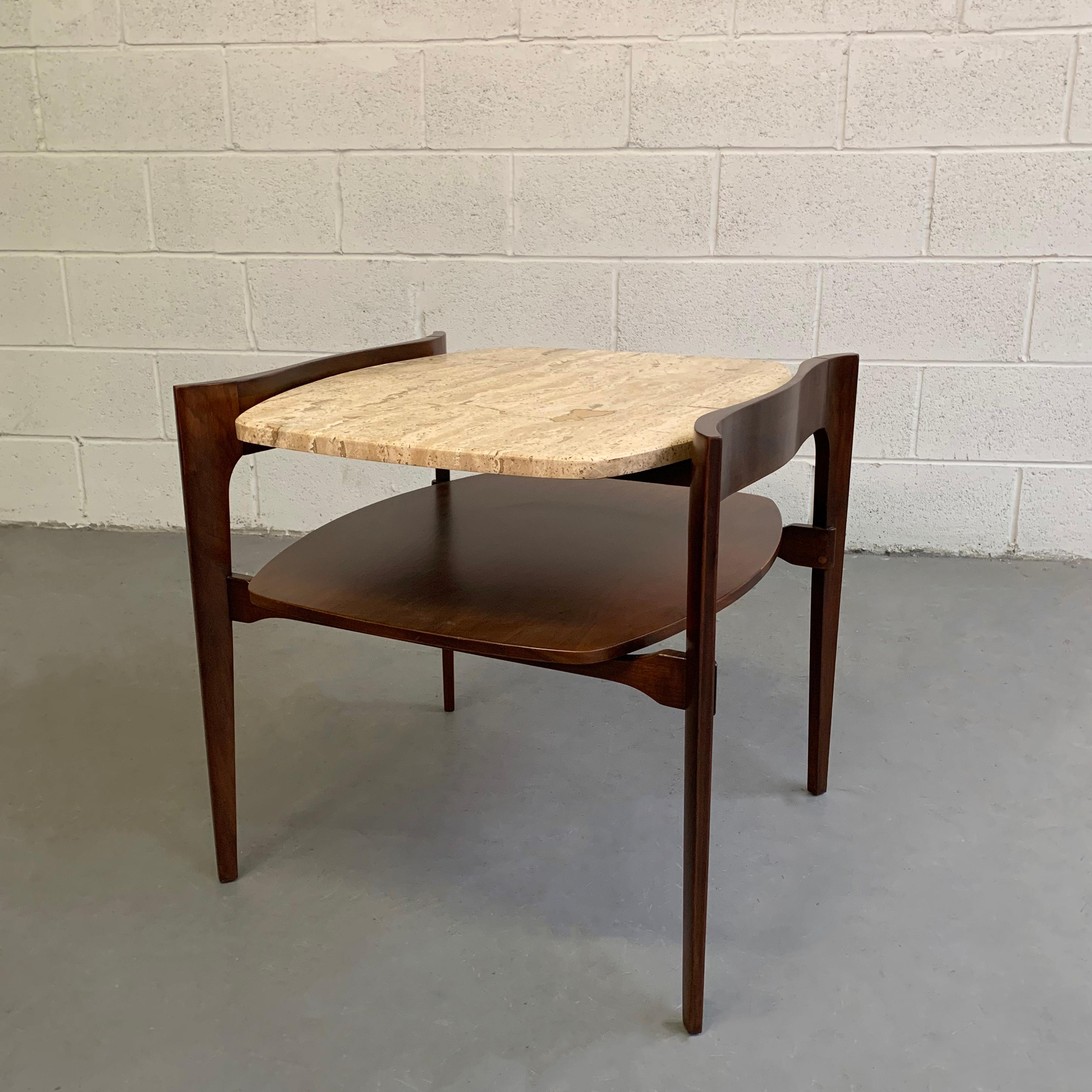 Mid-Century Modern Travertine and Walnut Side Table by Bertha Schaefer