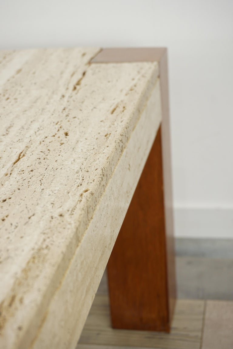 Travertine and Wood 1960s Design Large Square Coffee Table at 1stDibs