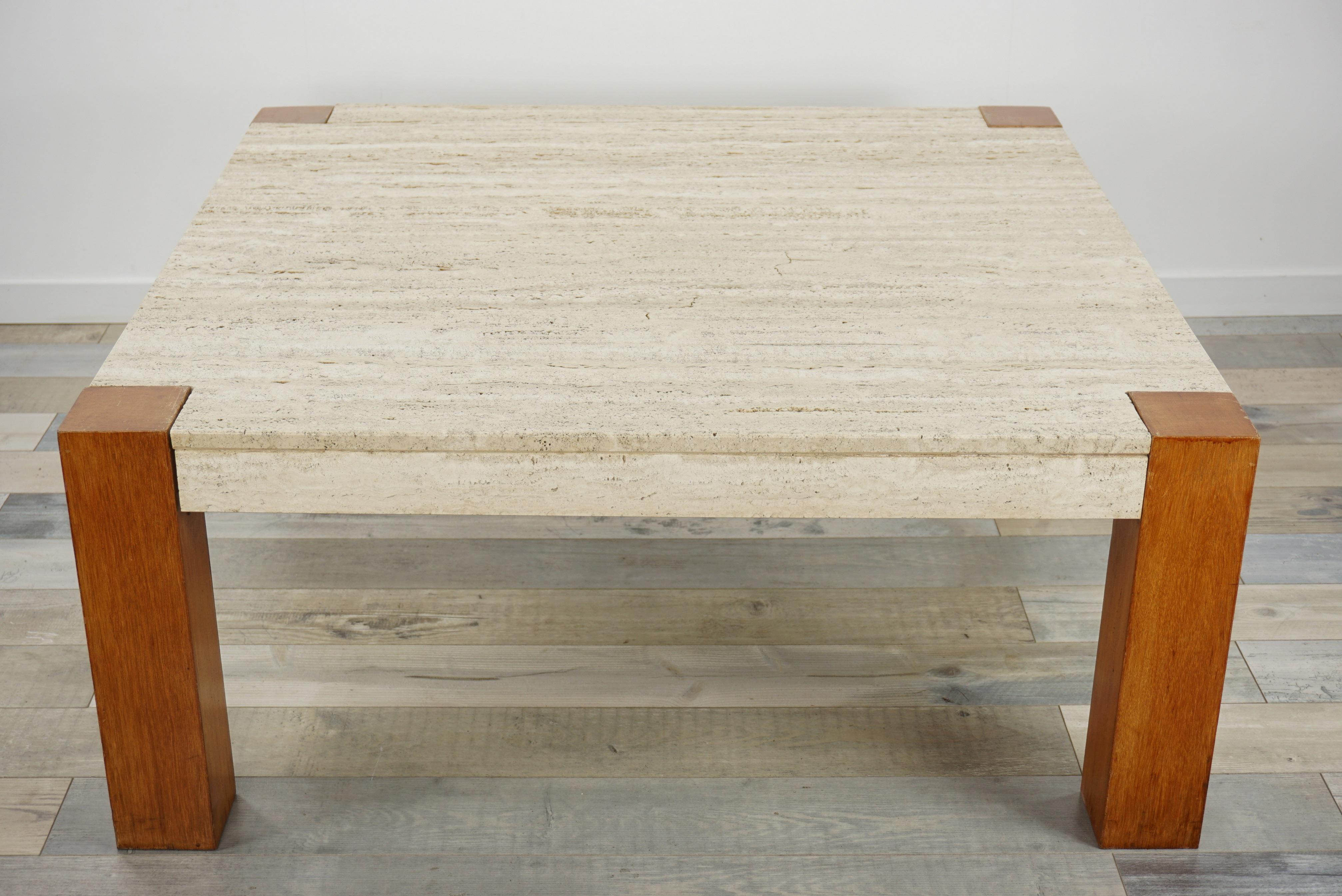 Travertine and Wood 1960s Design Large Square Coffee Table 10