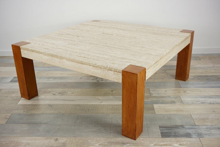 Travertine and Wood 1960s Design Large Square Coffee Table at 1stDibs