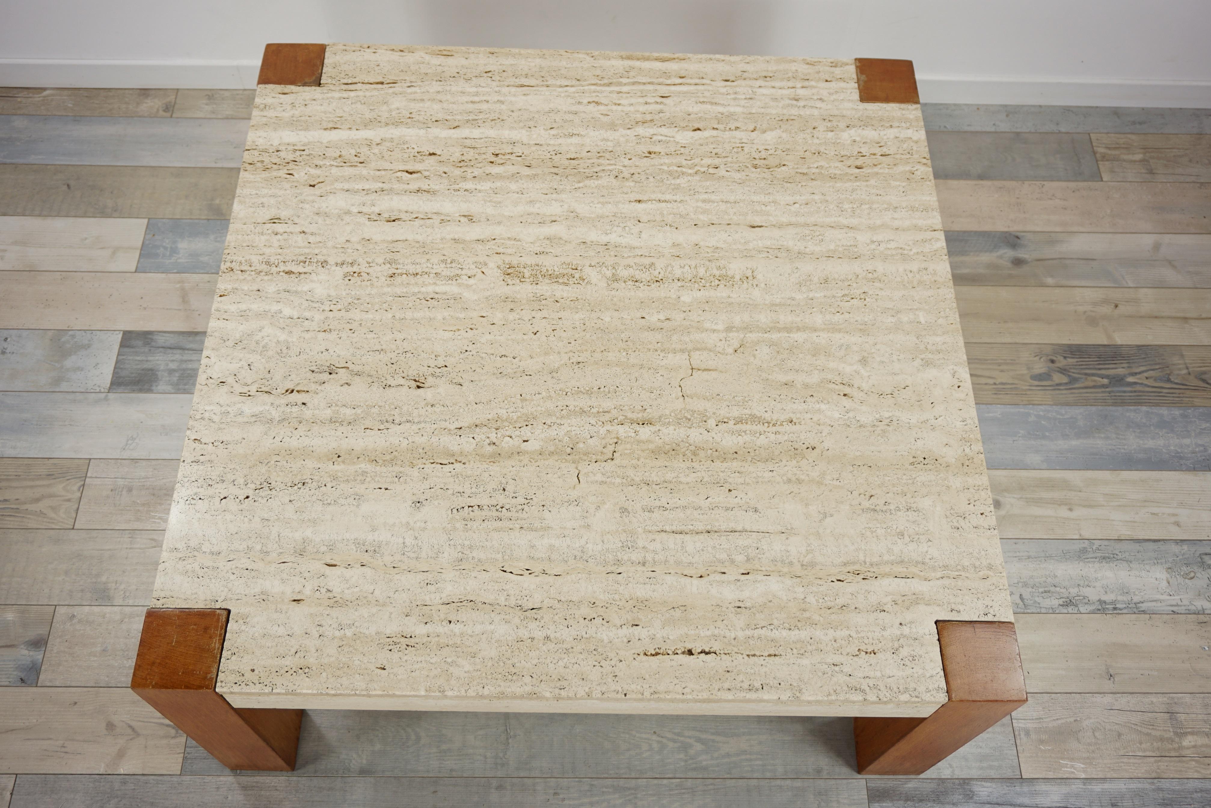 European Travertine and Wood 1960s Design Large Square Coffee Table