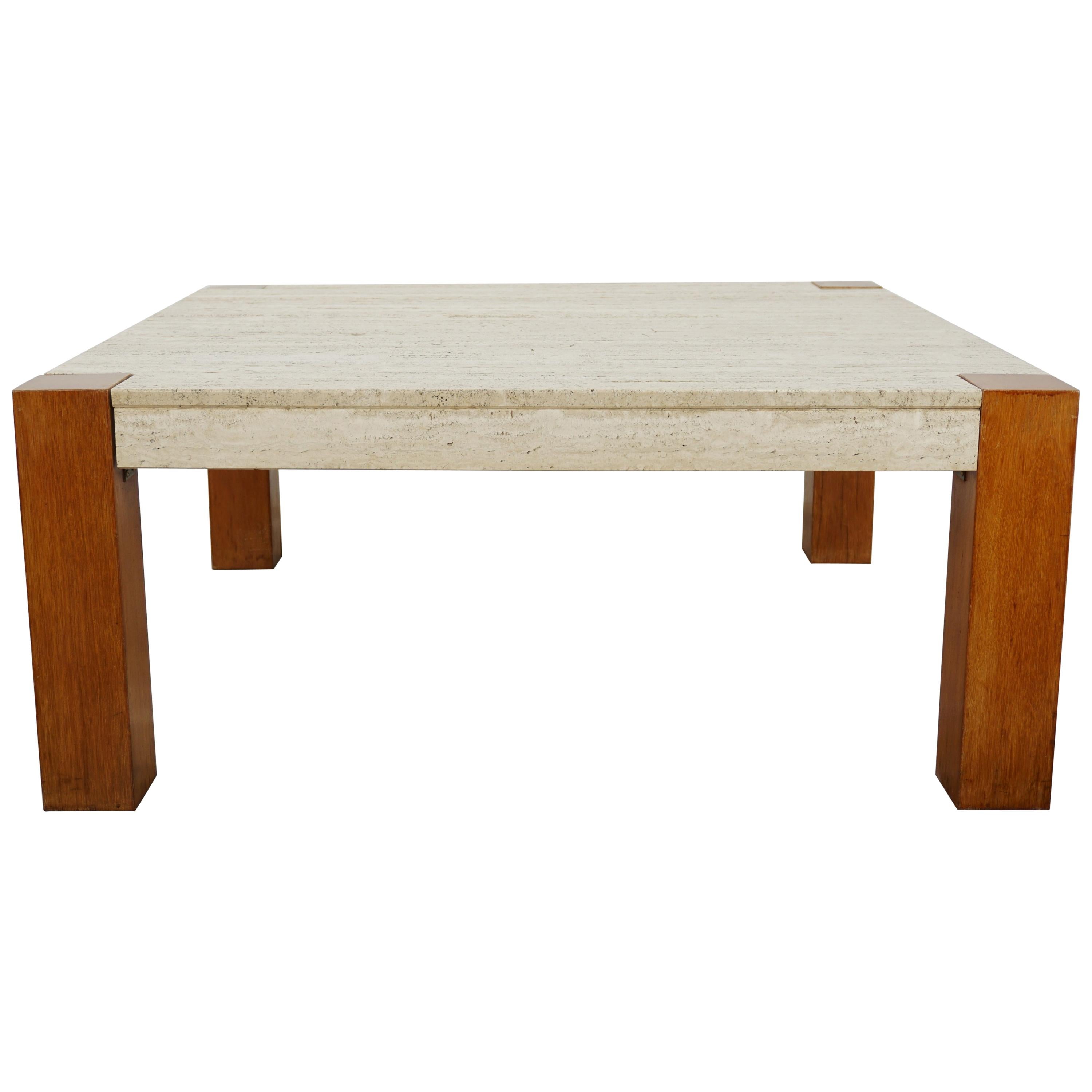 Travertine and Wood 1960s Design Large Square Coffee Table