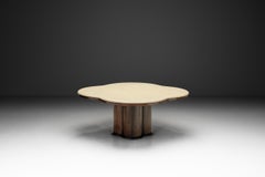 Travertine and Wood Coffee Table, France 1970s