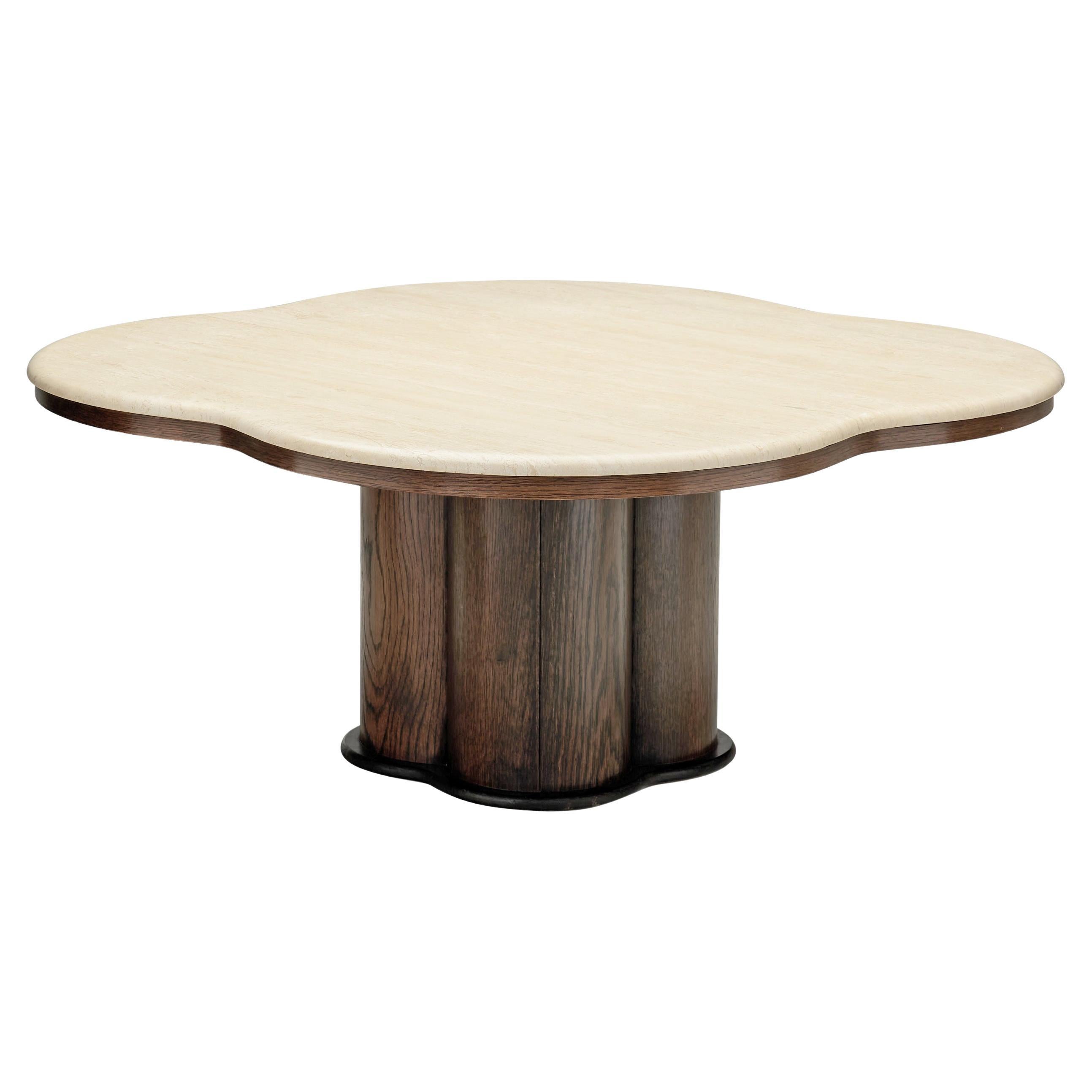 Travertine and Wood Coffee Table, France 1970s