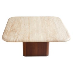 Travertine and Wood Coffee Table, Minimalist Design, Italy, 1970s