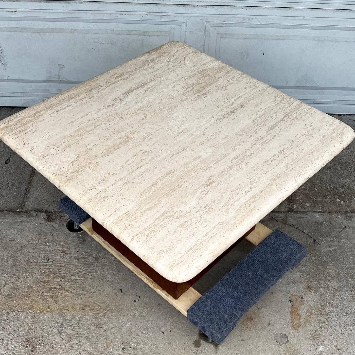 Mid-Century Modern Travertine and Wood Petite Coffee Table
