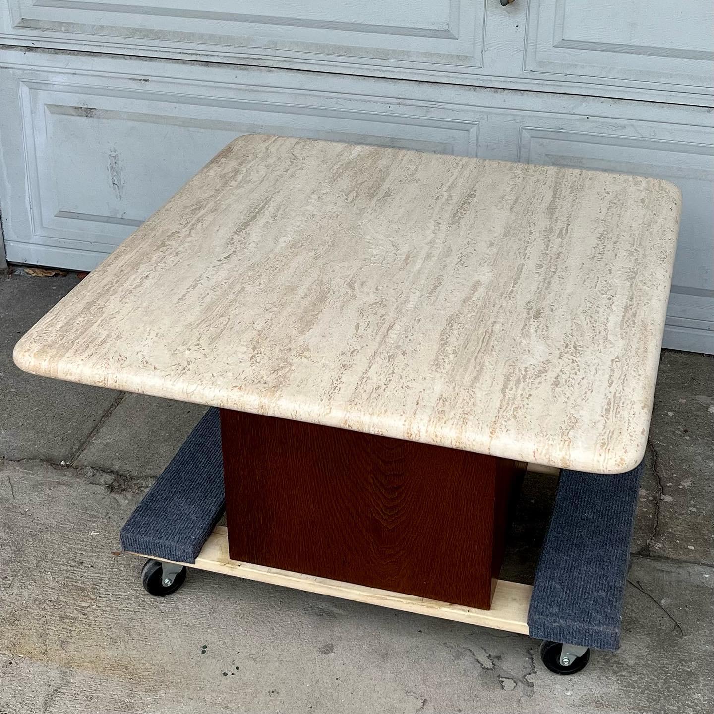 20th Century Travertine and Wood Petite Coffee Table