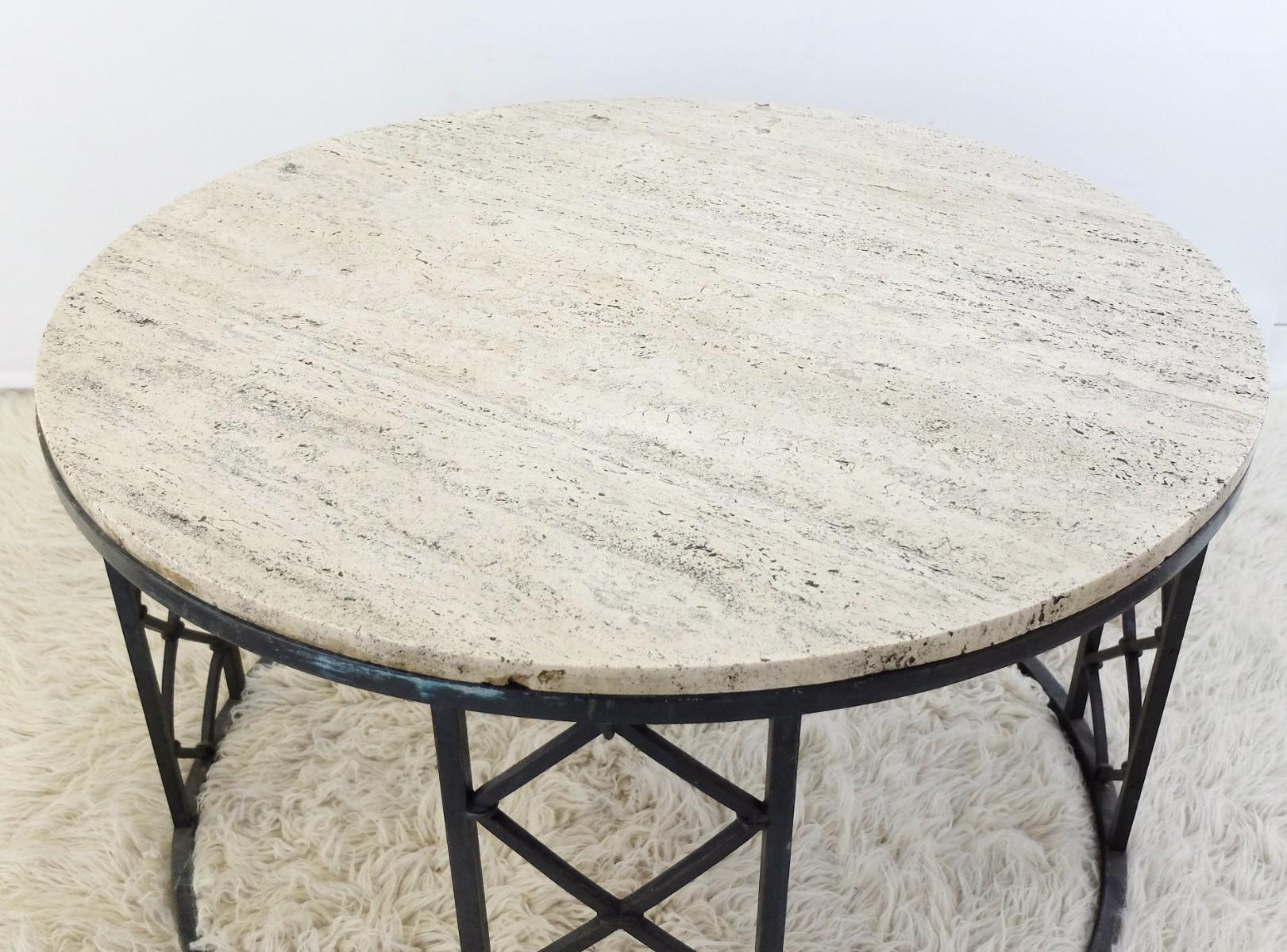 Travertine and wrought iron circular coffee table, 1940s.