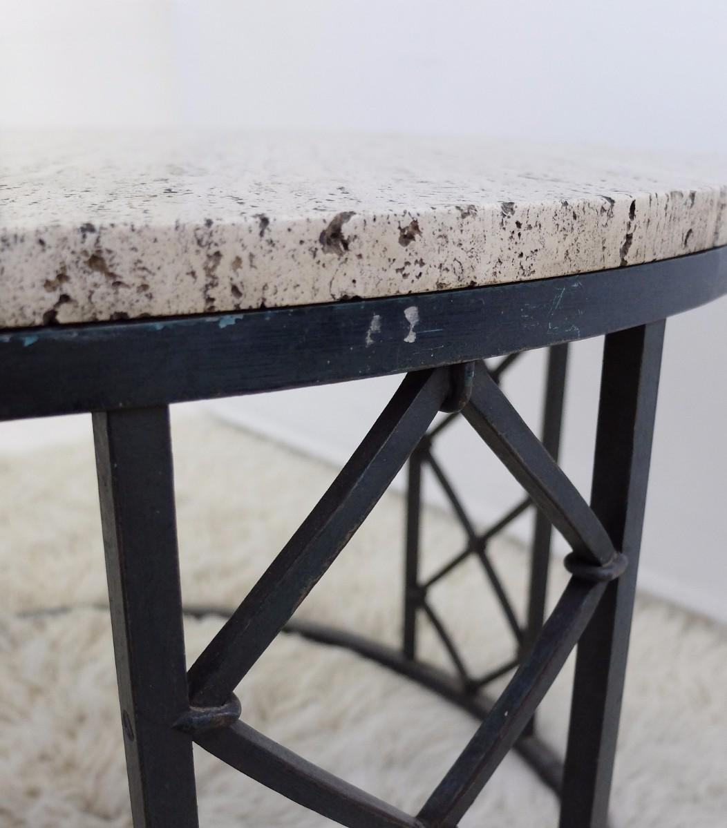 Travertine and Wrought Iron Circular Coffee Table, 1940s 1