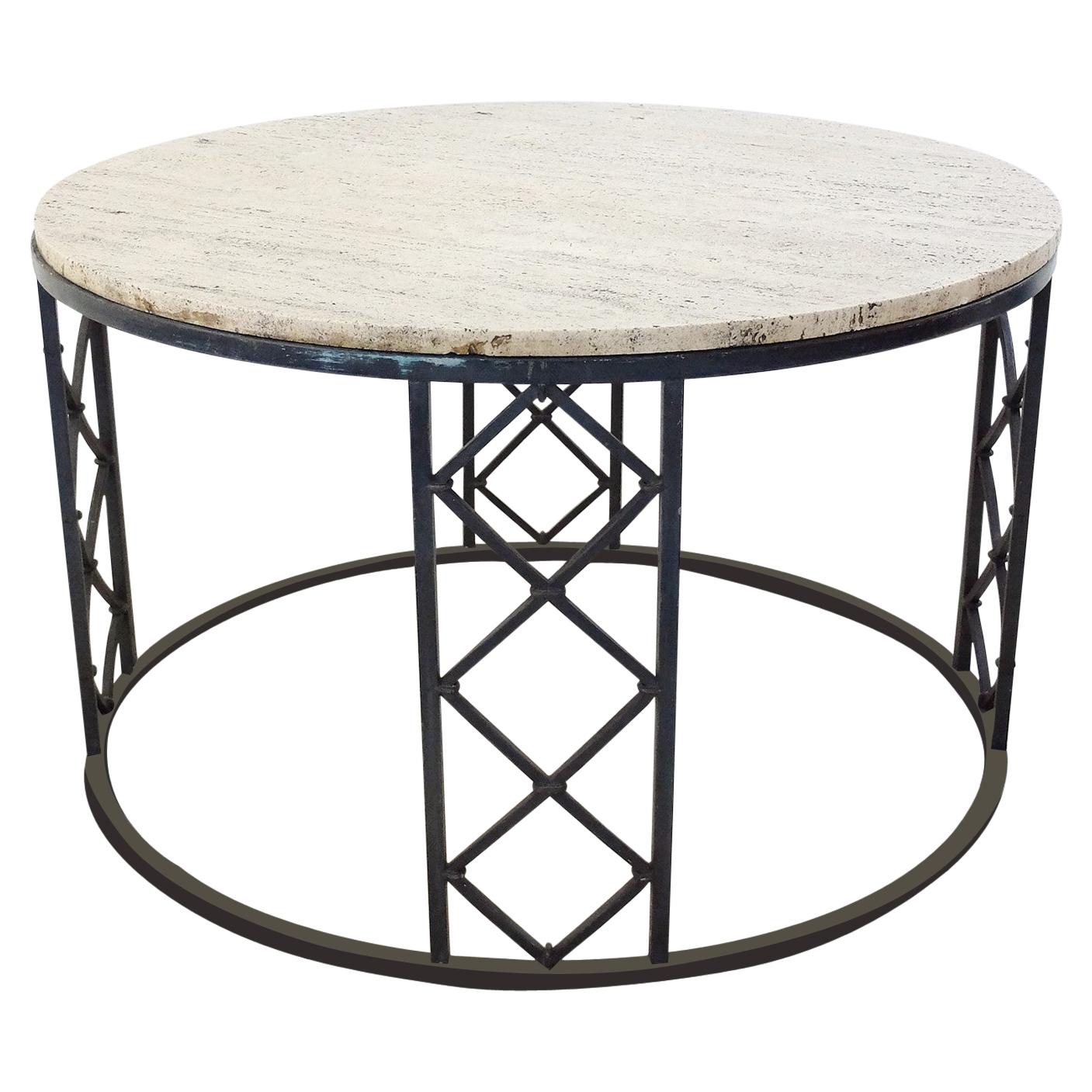 Travertine and Wrought Iron Circular Coffee Table, 1940s