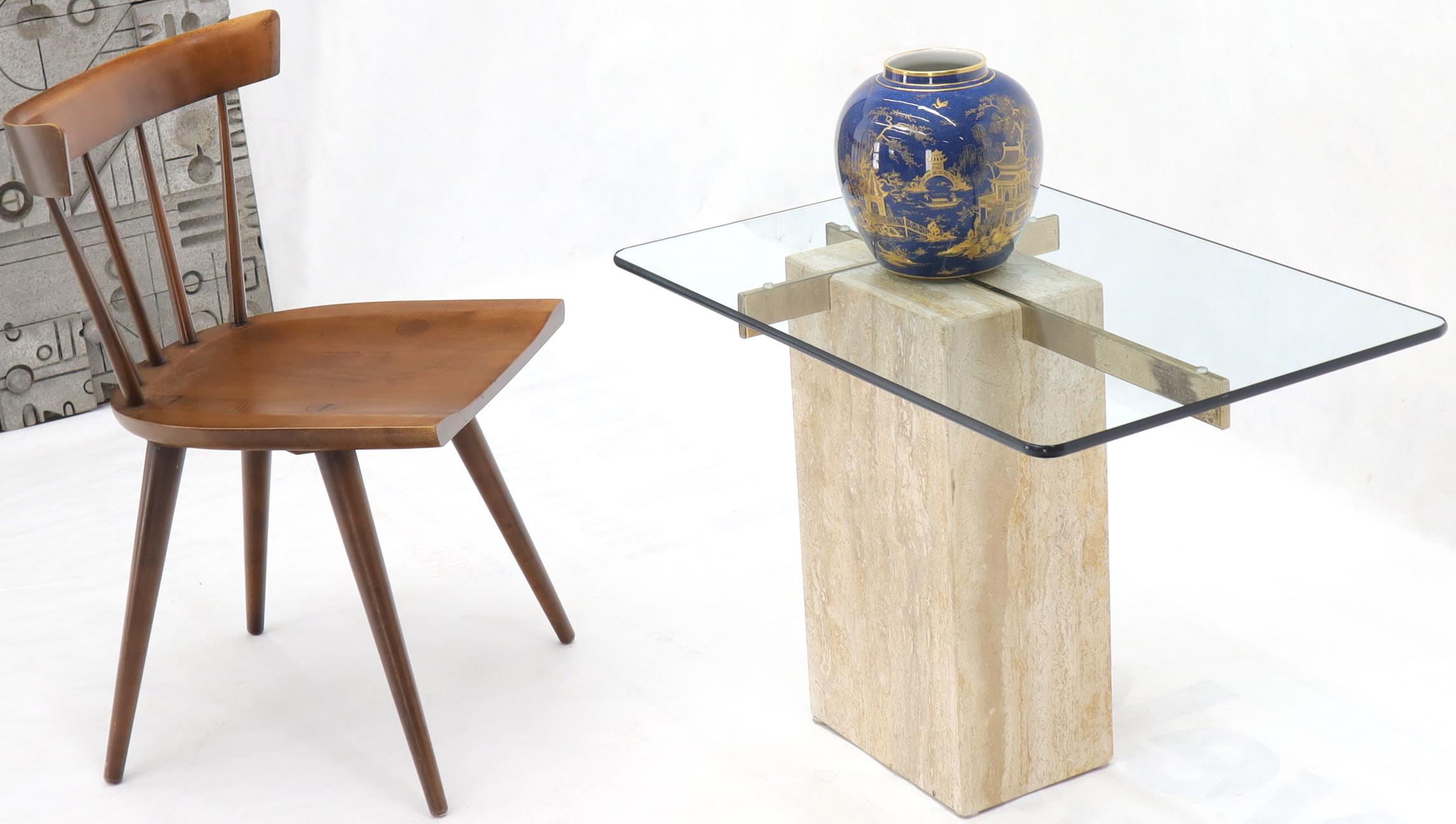 Mid-Century Modern travertine base glass top rectangular side end occational table, stand.
