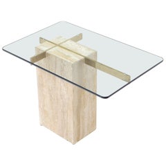 Vintage Travertine Base Glass Top Mid-Century Modern Side Table