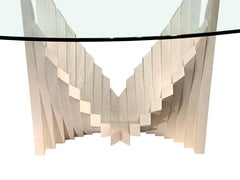 Travertine Accordian Shape Design Base Glass Top Dining Table, France, 1970s