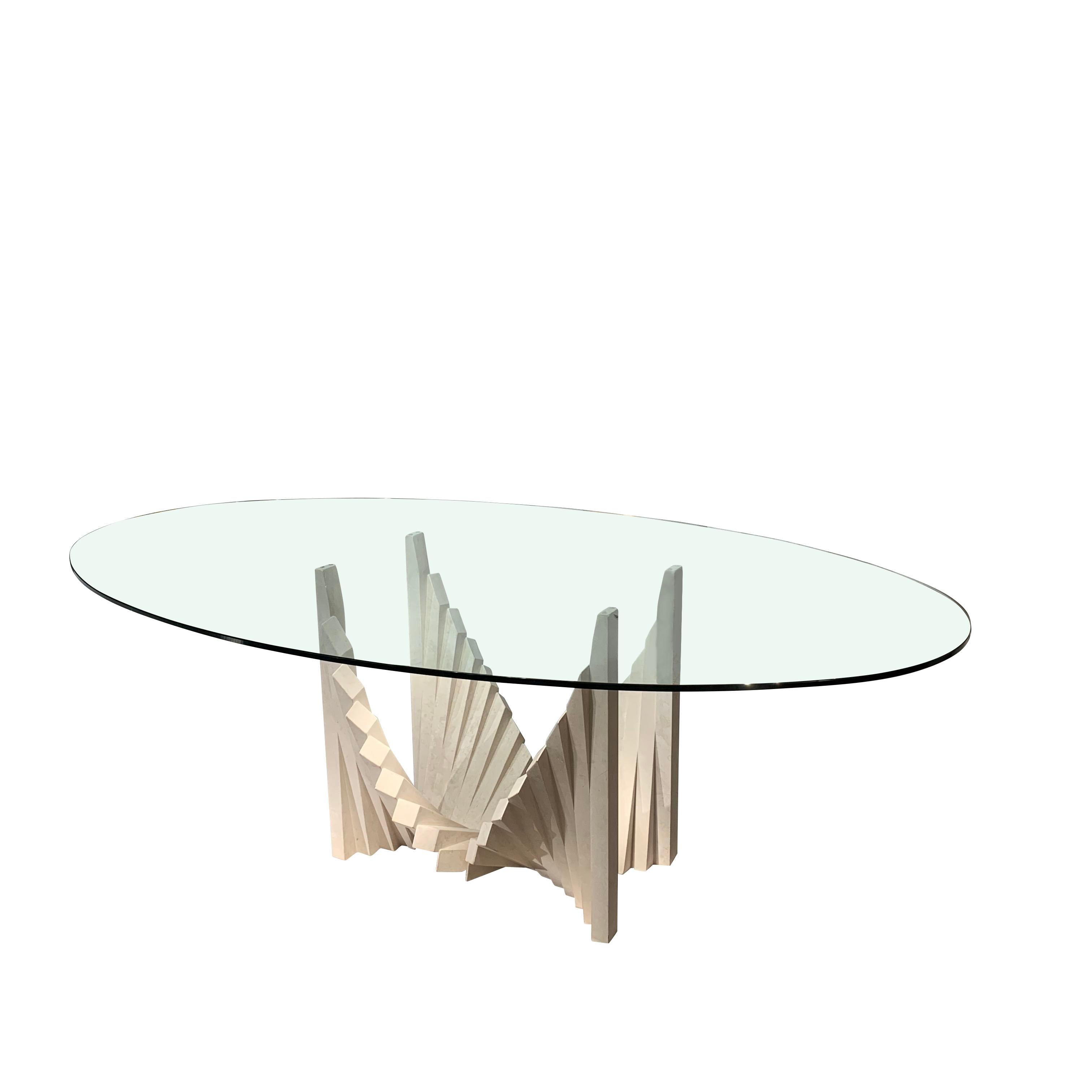 Travertine Accordian Shape Design Base Glass Top Dining Table, France, 1970s In Good Condition In New York, NY