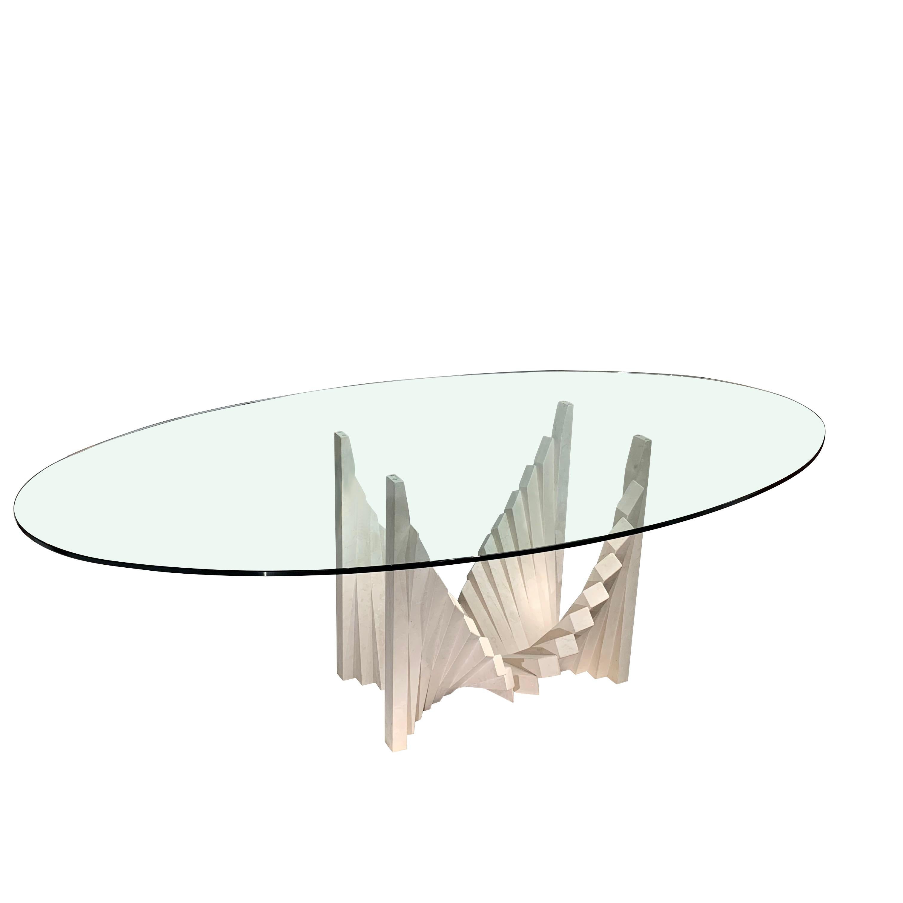 Late 20th Century Travertine Accordian Shape Design Base Glass Top Dining Table, France, 1970s