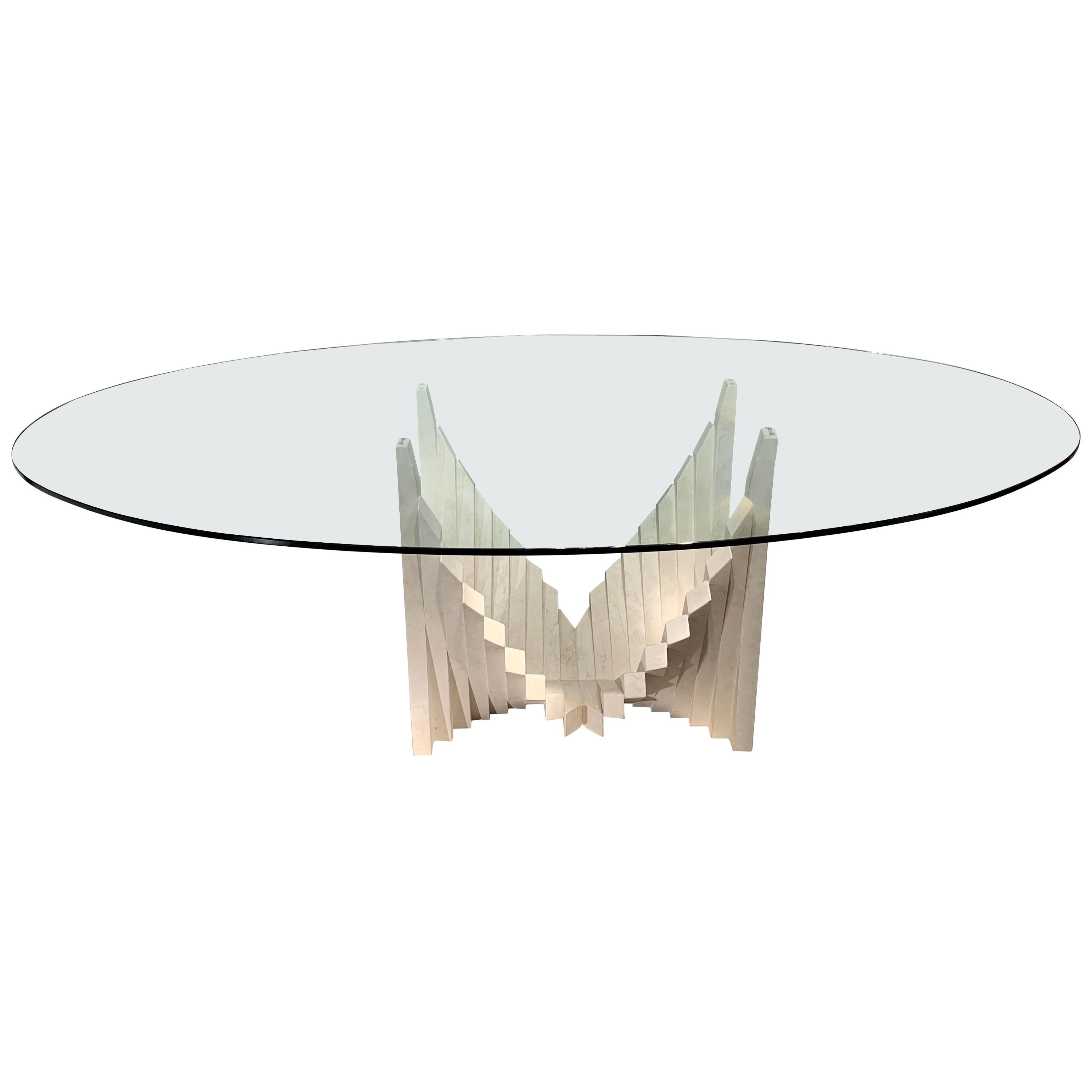 Travertine Accordian Shape Design Base Glass Top Dining Table, France, 1970s