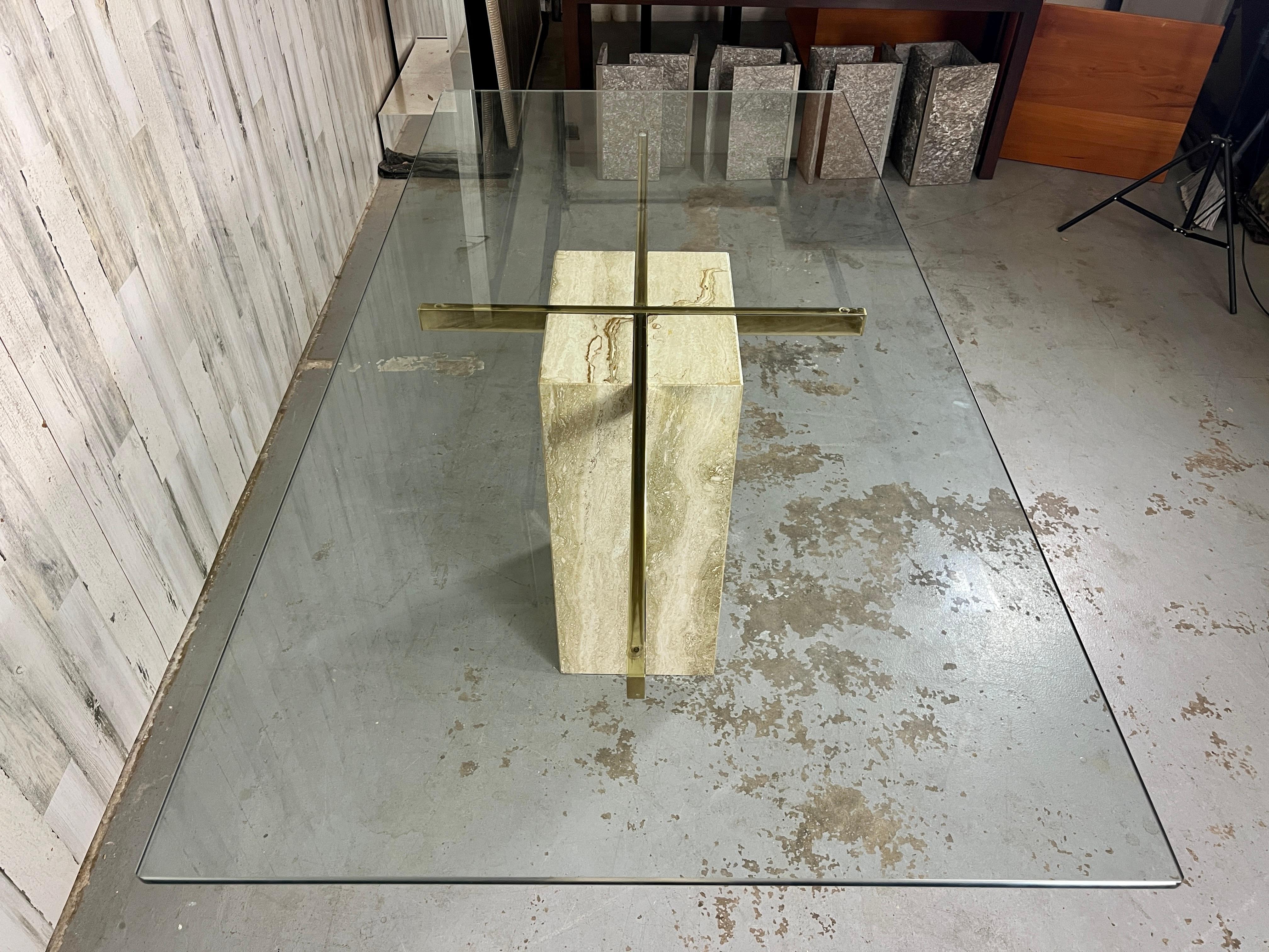 Travertine, Brass and Glass Dining Table by Artedi 7
