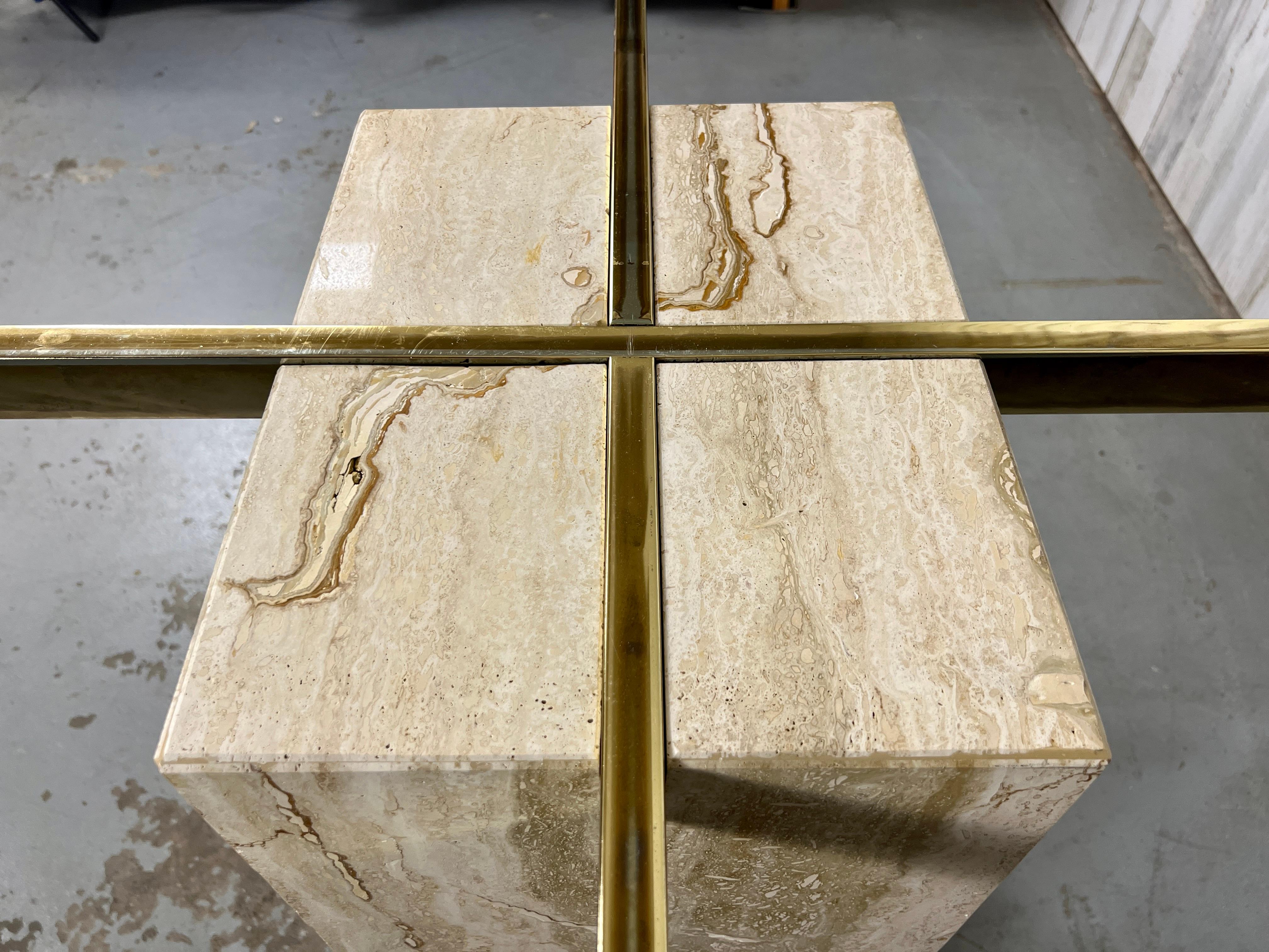 Travertine, Brass and Glass Dining Table by Artedi 12
